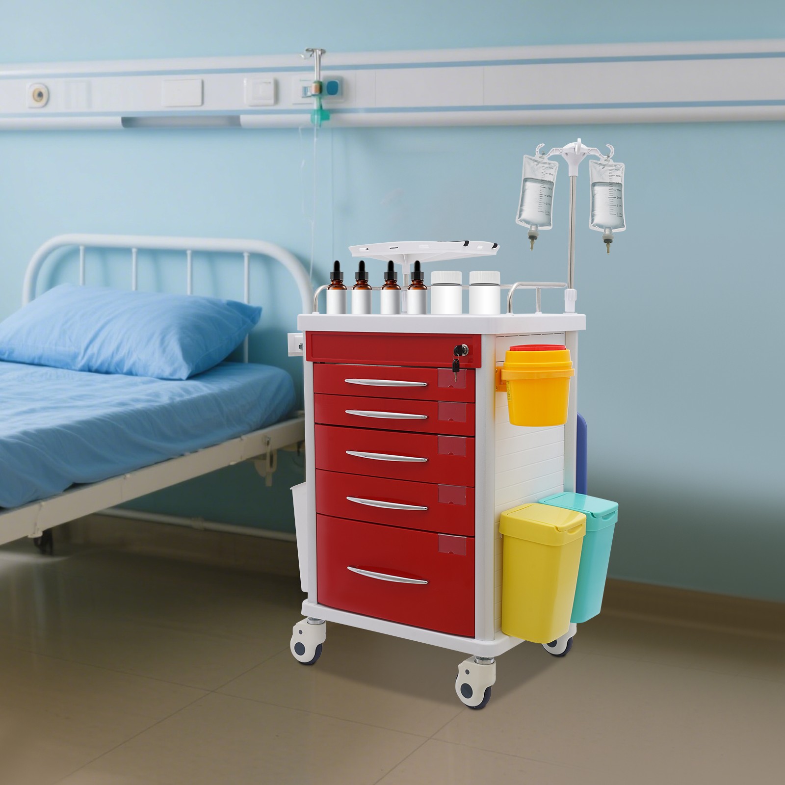 5 Drawers Rolling Crash Cart Utility Medical Trolley For Clinic Nursing Center
