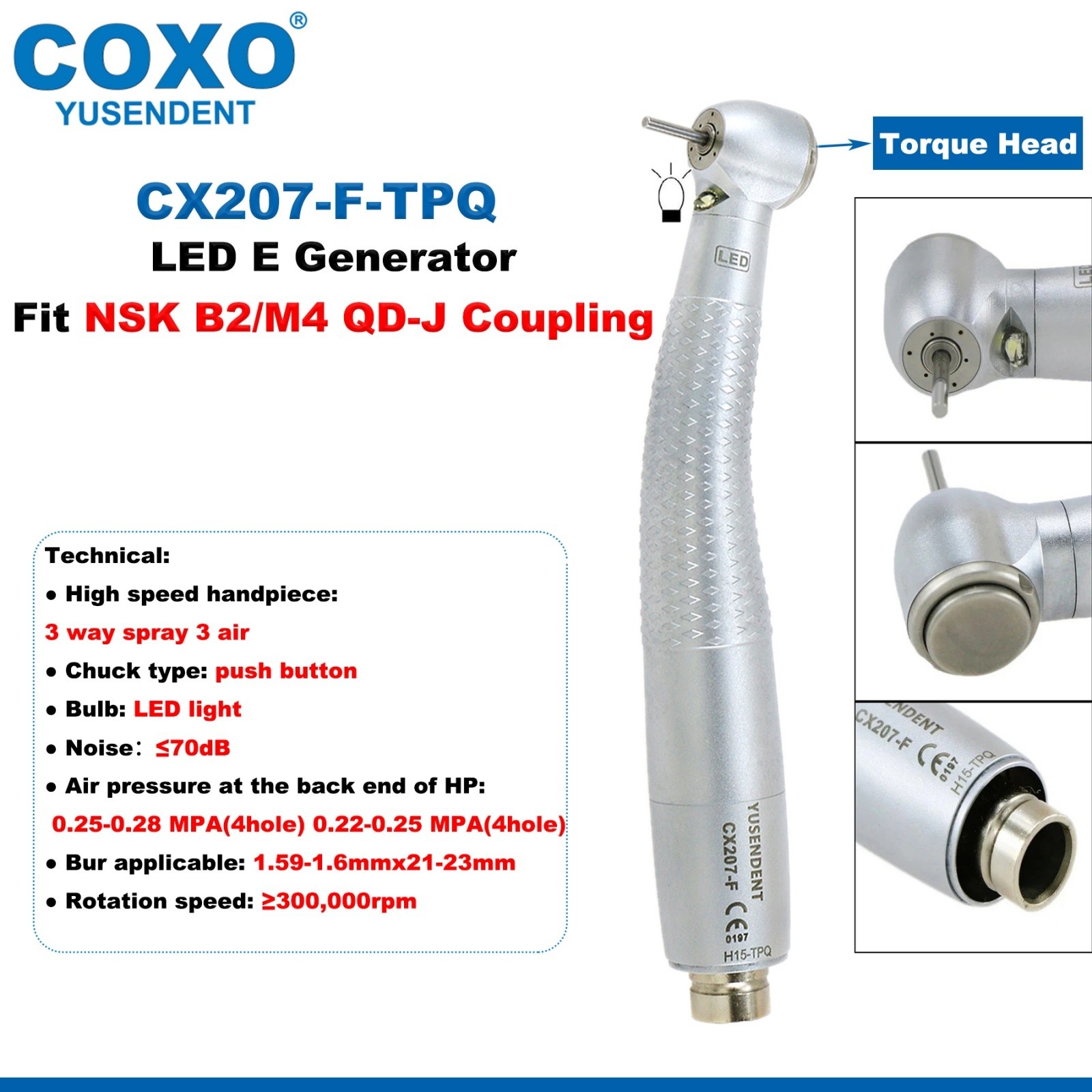 US COXO Dental LED Handpiece High Speed E Generato Turbine 2/4 Holes Coupling