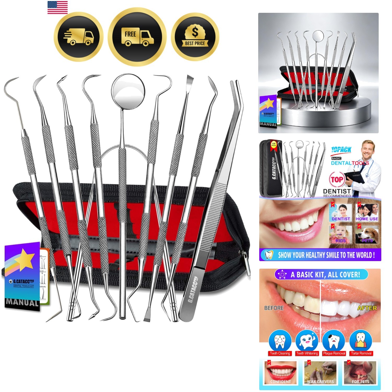 Dental Tools Set 10 Pack Plaque Remover Teeth Cleaning Kit Tongue Cleaner