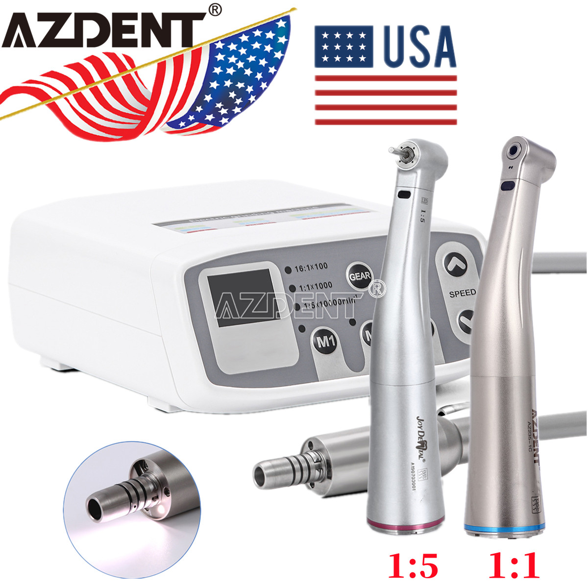 AZDENT Dental Electric LED Brushless Micro Motor/1:1/1:5 Increasing Handpiece