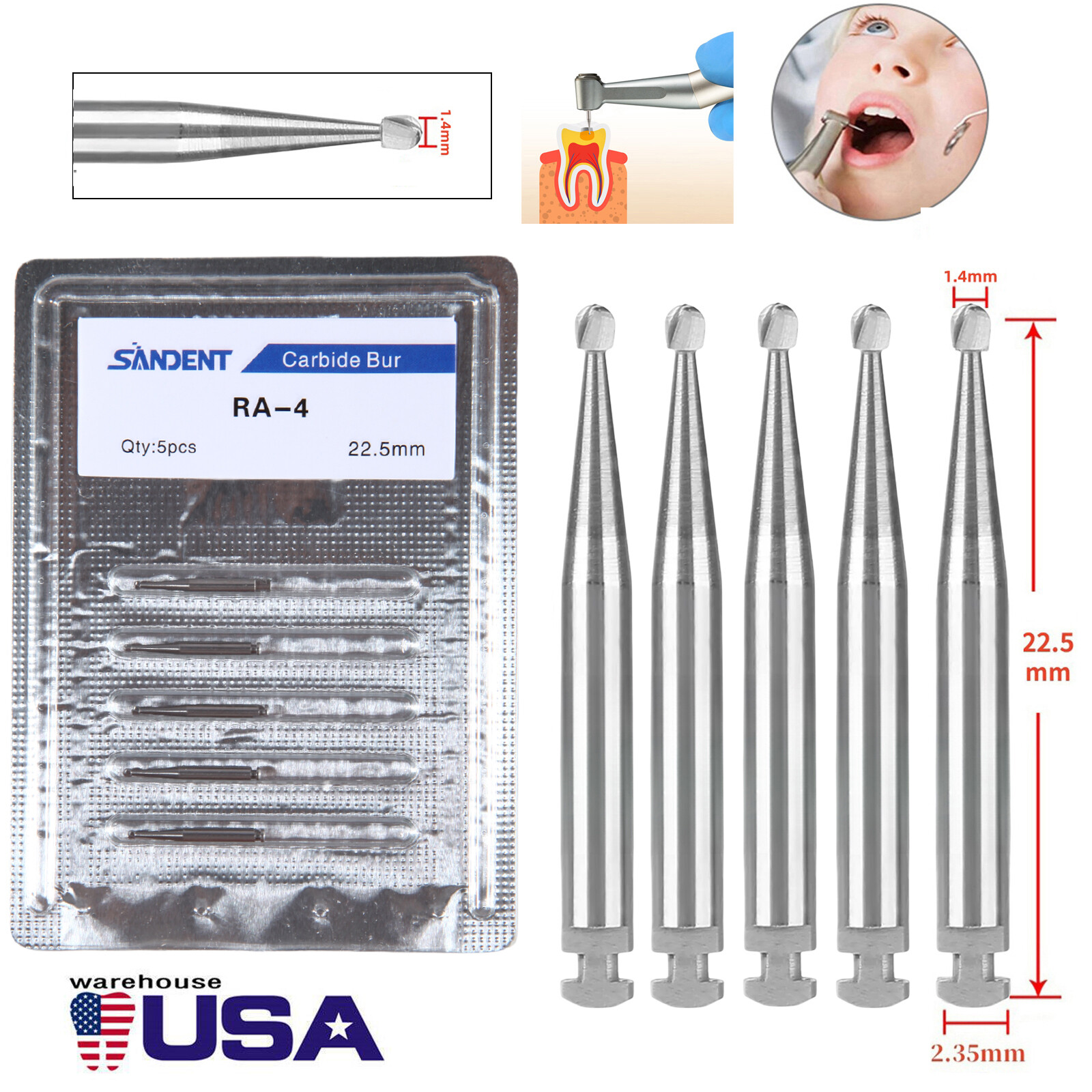 SANDENT Dental Round Carbide Bur for Slow Speed Latch RA4 5pcs/pack
