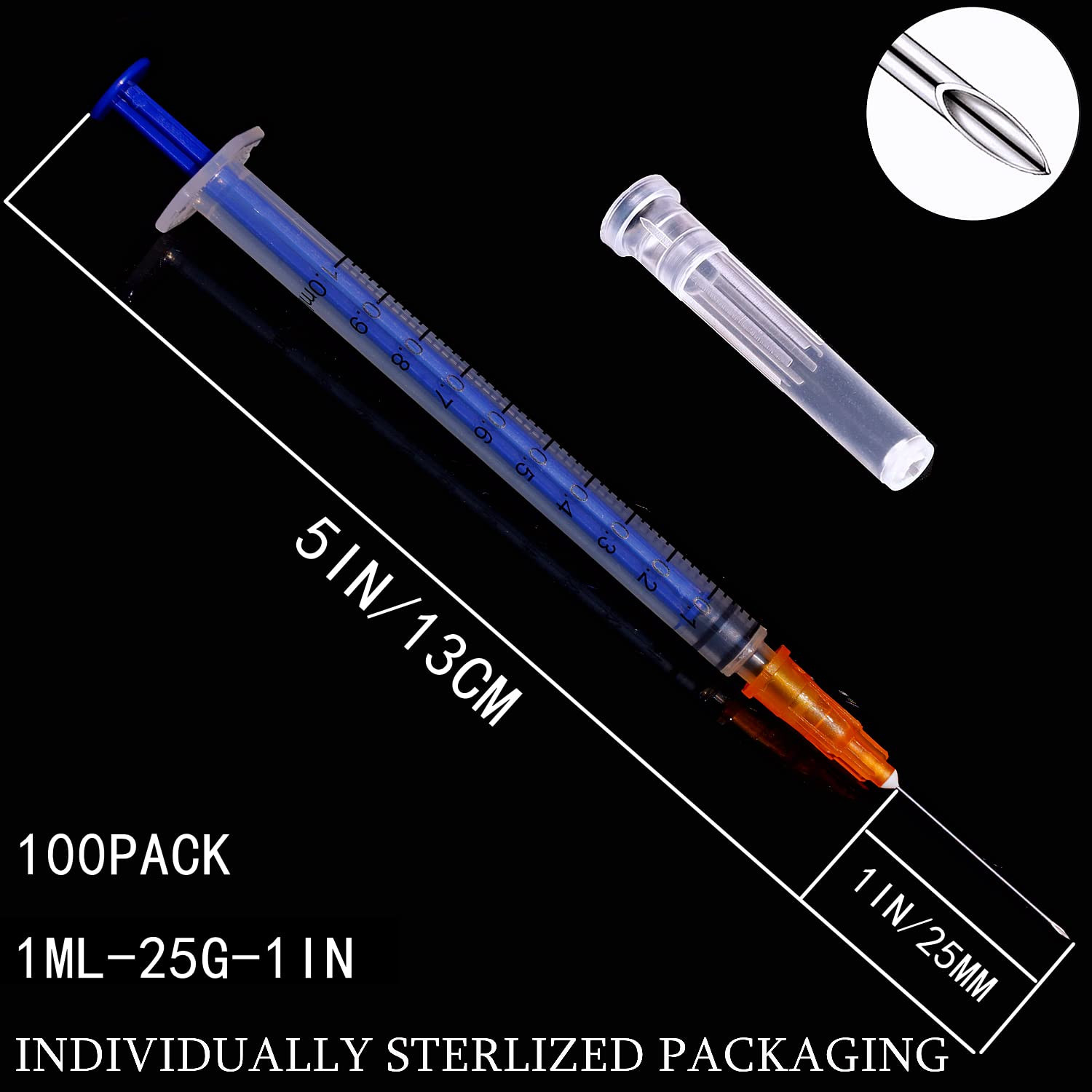 100 Pack 1ml/cc Luer Slip Syringes with Caps, Individually Sealed for Labs & Cra