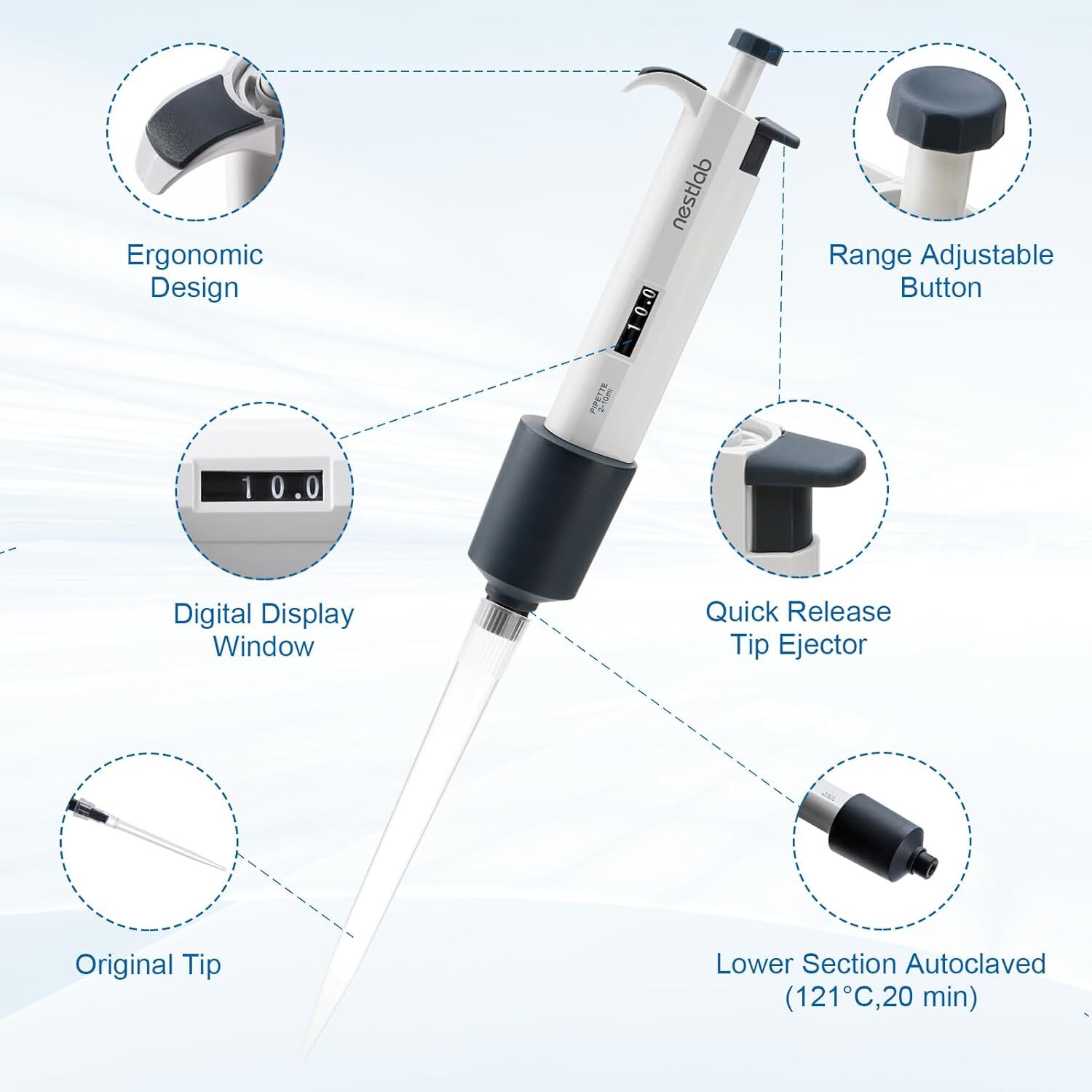 10Pcs 1-10ml Single-Channel Adjustable Pipette Manual Micropipette High Accurate