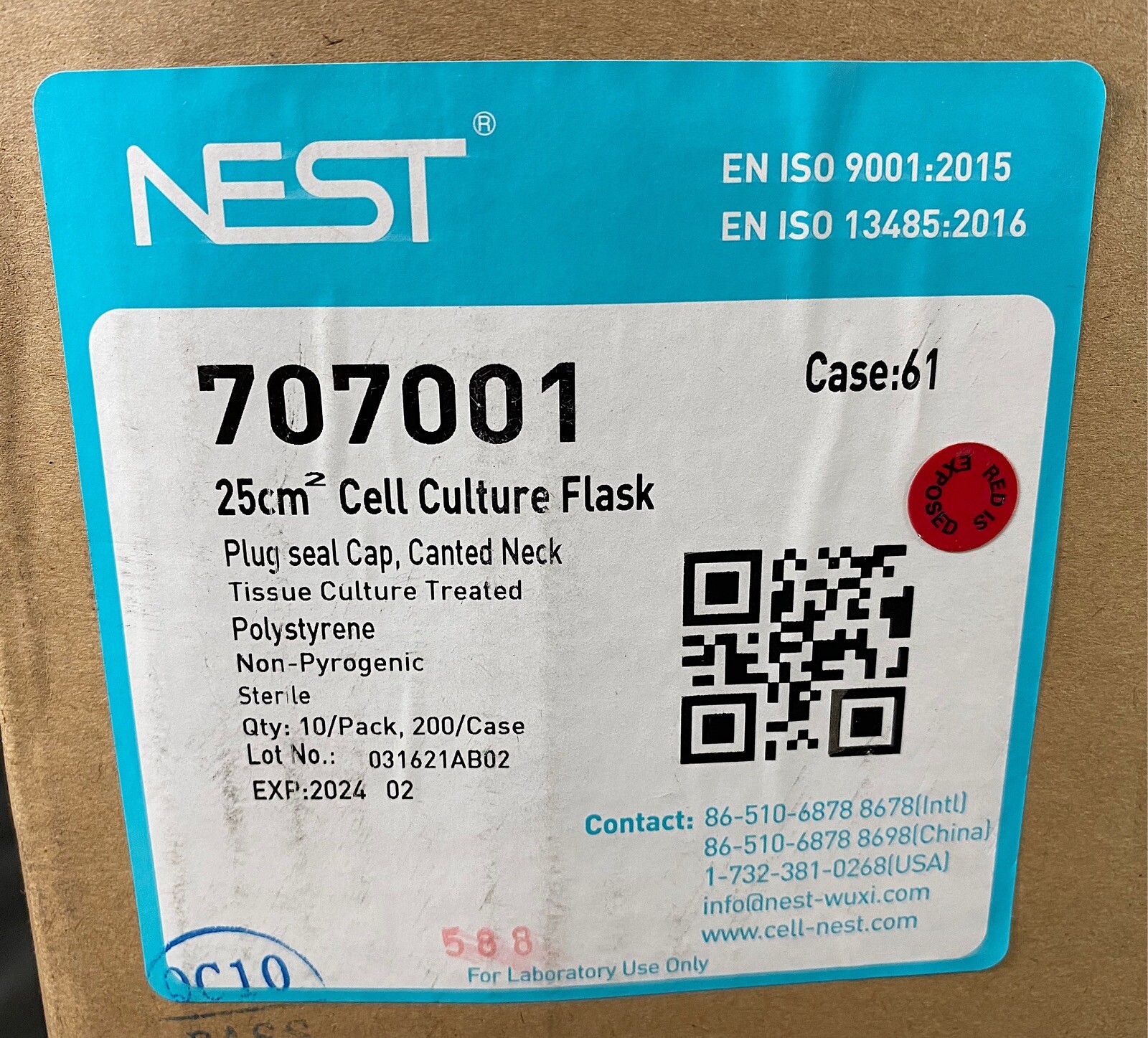 NEST 25cm² Plug Seal Canted Neck TC Treated Sterile Cell Culture Flasks (200/Cs)