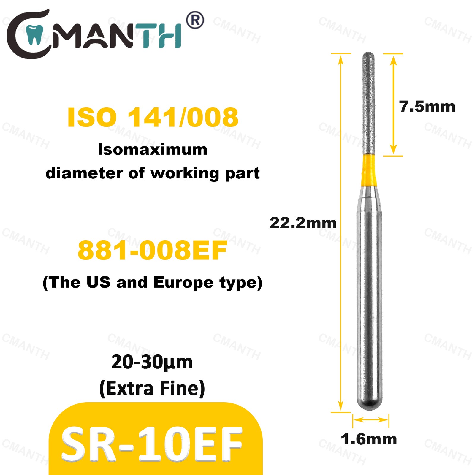 US Dental Burs FG1.6mm Diamond Bur SR Type Polishing Drill For High Speed 20Pcs