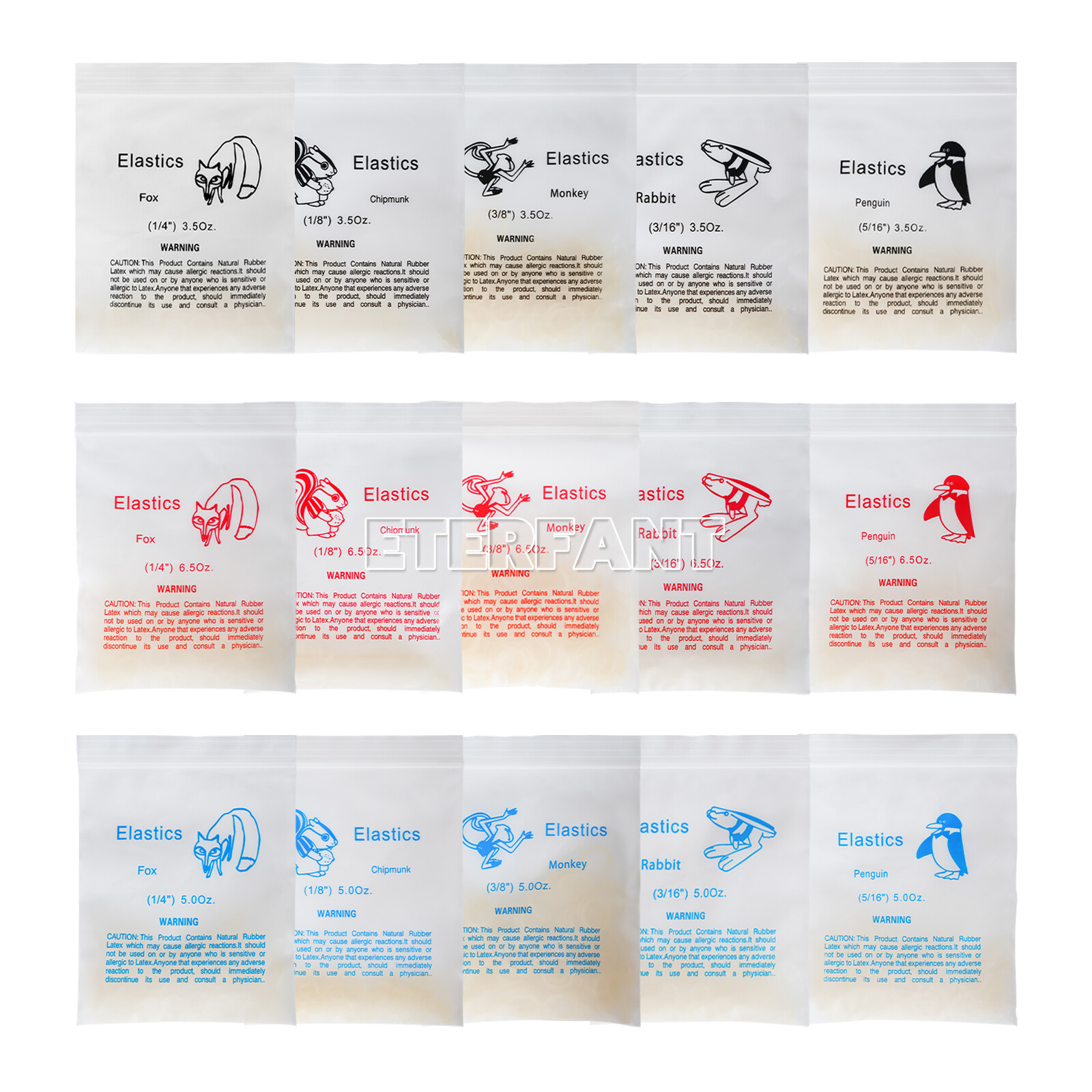 ETERFANT 50 Bag Dental Orthodontic Elastics Rubber Bands Zoo Pack 3.5/5.0/6.5OZ