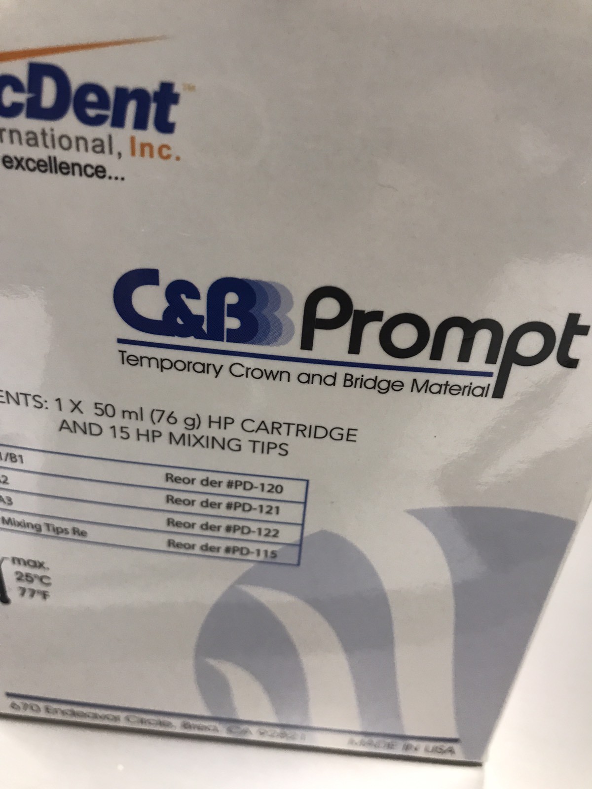 C&B Prompt™ Temporary Crown & Bridge Material PD120-A1/B1, PD121-A2, PD122-A3