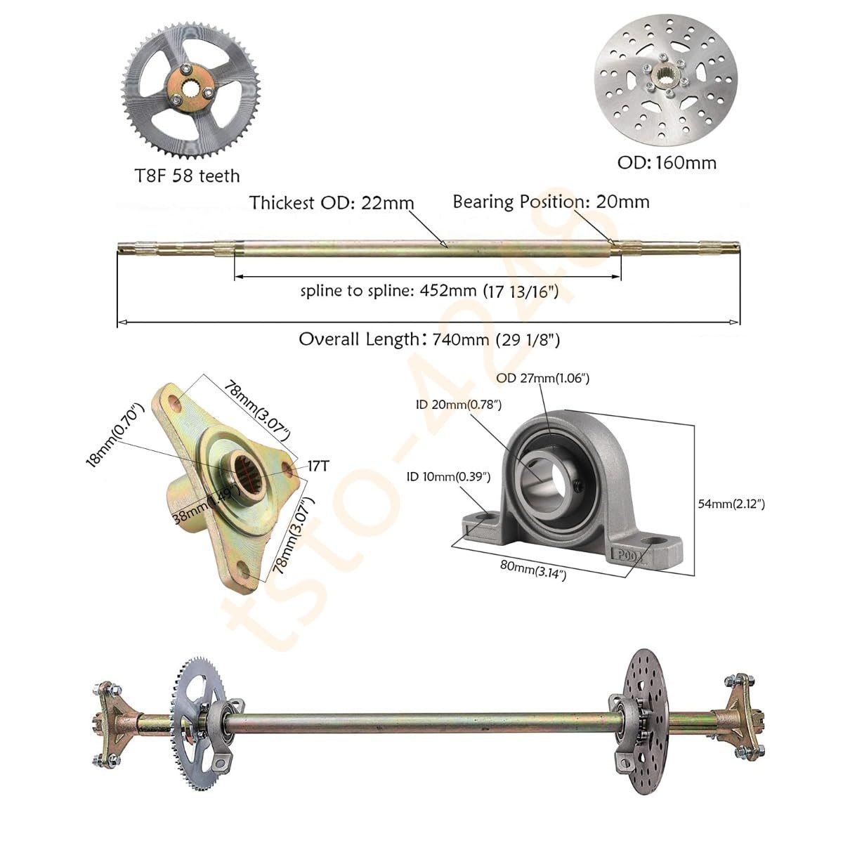 29 Go Kart Rear Axle Kit 6 4.10-6 Wheels Spindles Brake Steering Gear 3Stud Hubs
