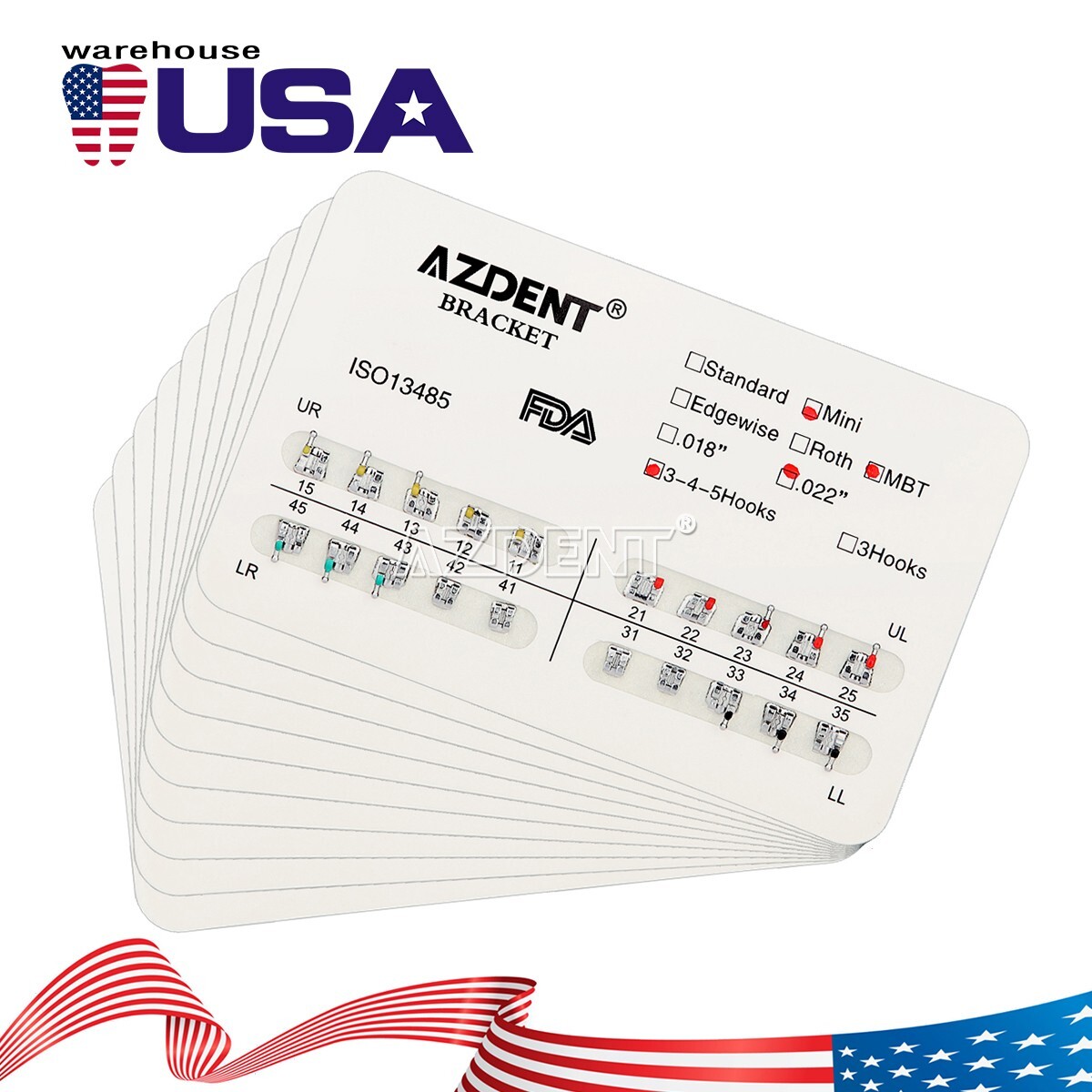 10X AZDENT Dental Orthodontic Metal Brackets Braces Mini MBT.022 Hooks 345 USA