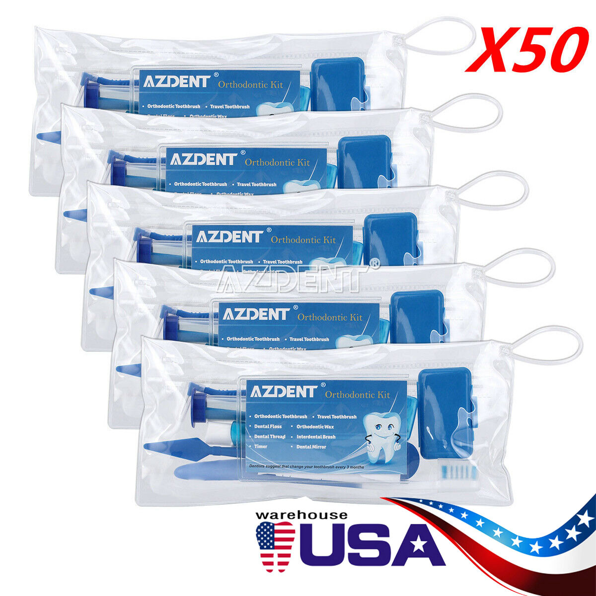 50Pack Dental Teeth Oral Cleaning Care Orthodontic Kit Brush Floss Thread