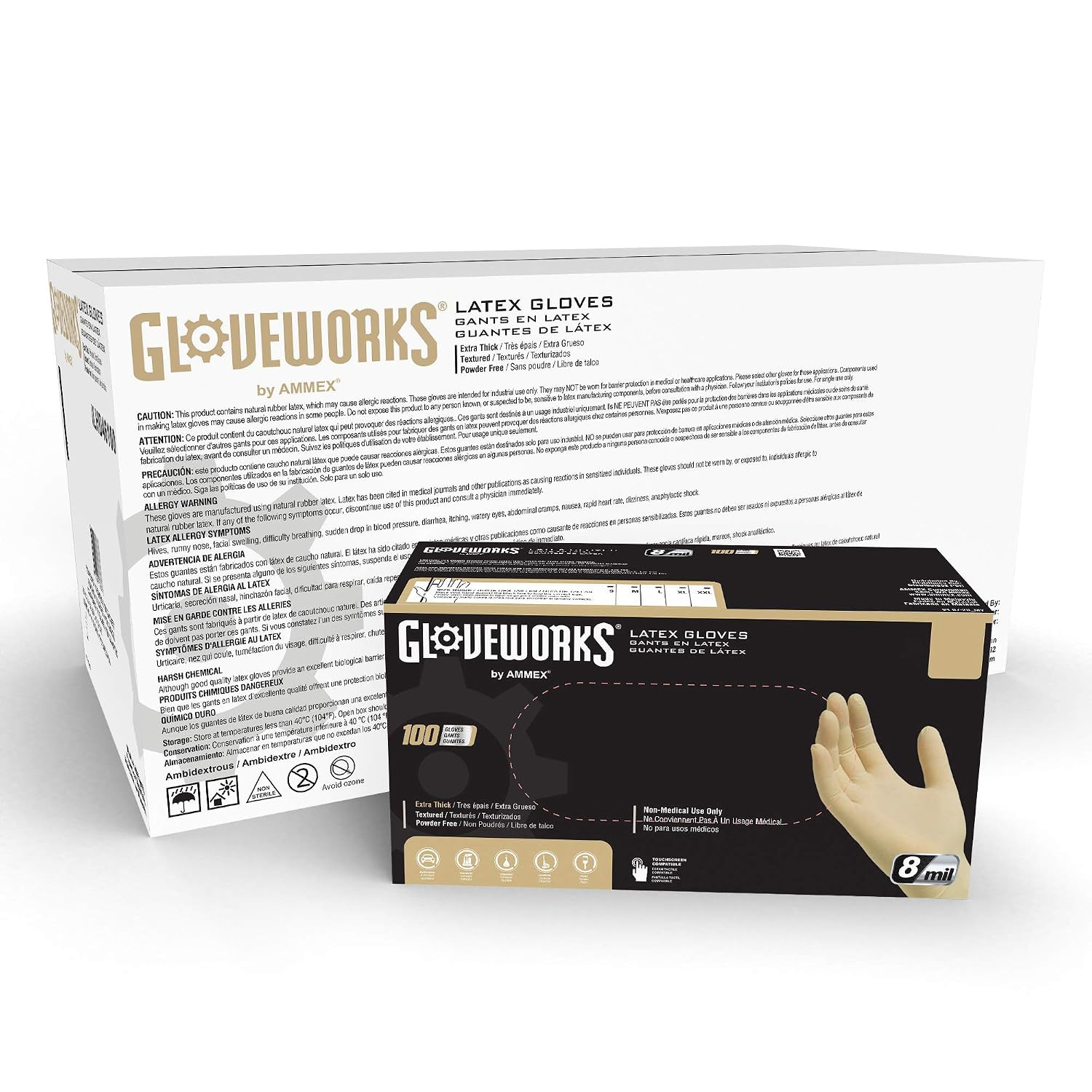 GLOVEWORKS HD Industrial Ivory Latex Gloves, Case of 1000, 8 Mil, Size Medium, P
