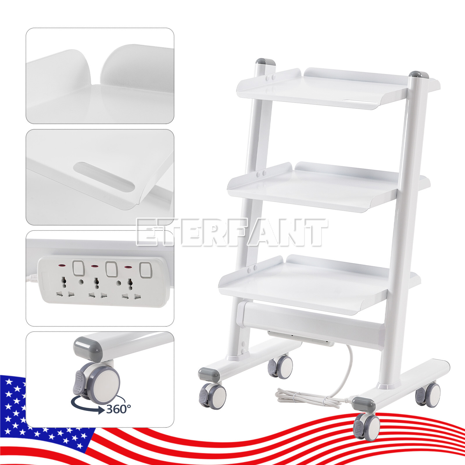 ETERFANT Medical Trolley Stainless Steel Dental Lab Mobile Rolling Cart 3-Layer