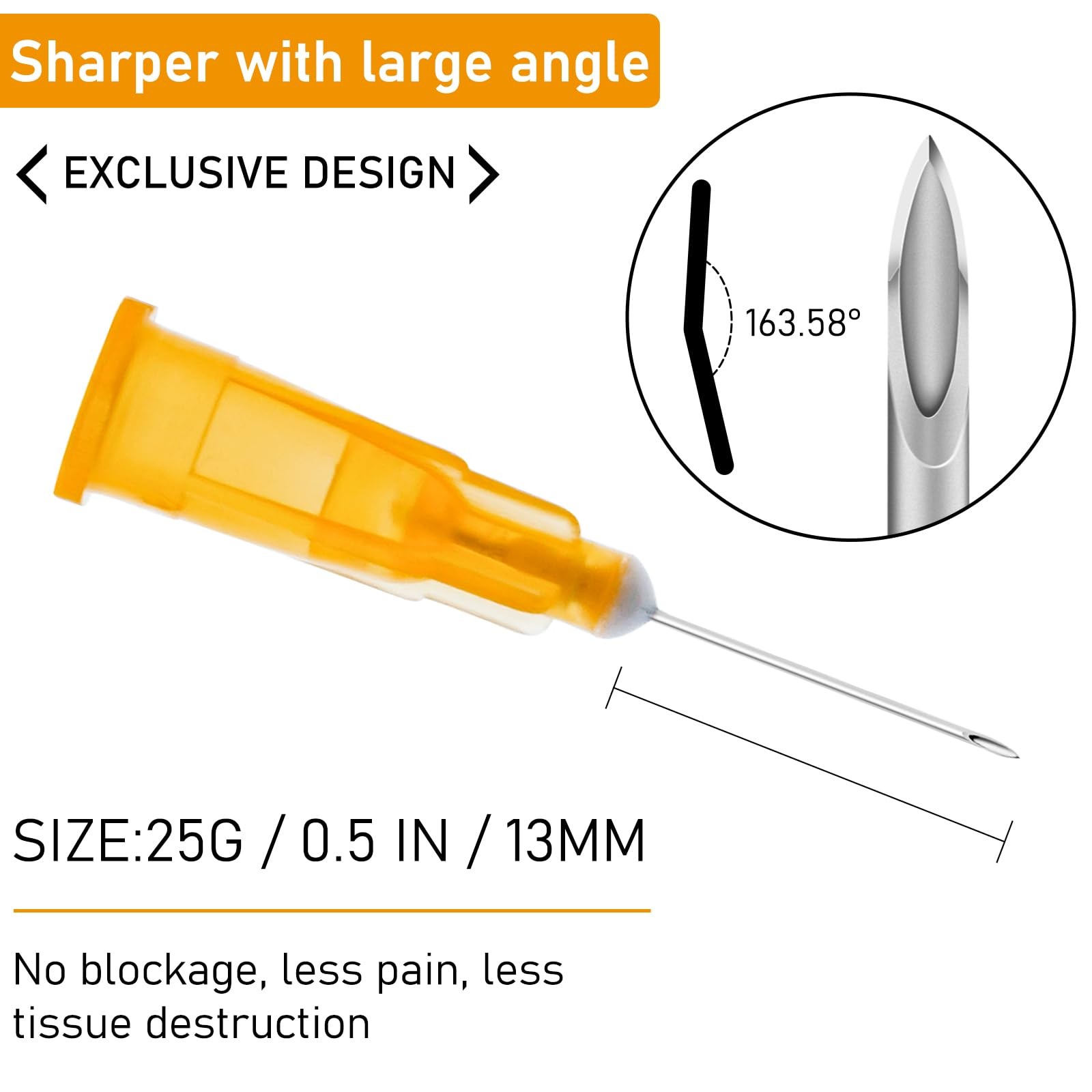 100Pack 25 Gauge 1/2 Inch Lab Needdles, Disposable Luer 25G-1/2”, 100 Pack