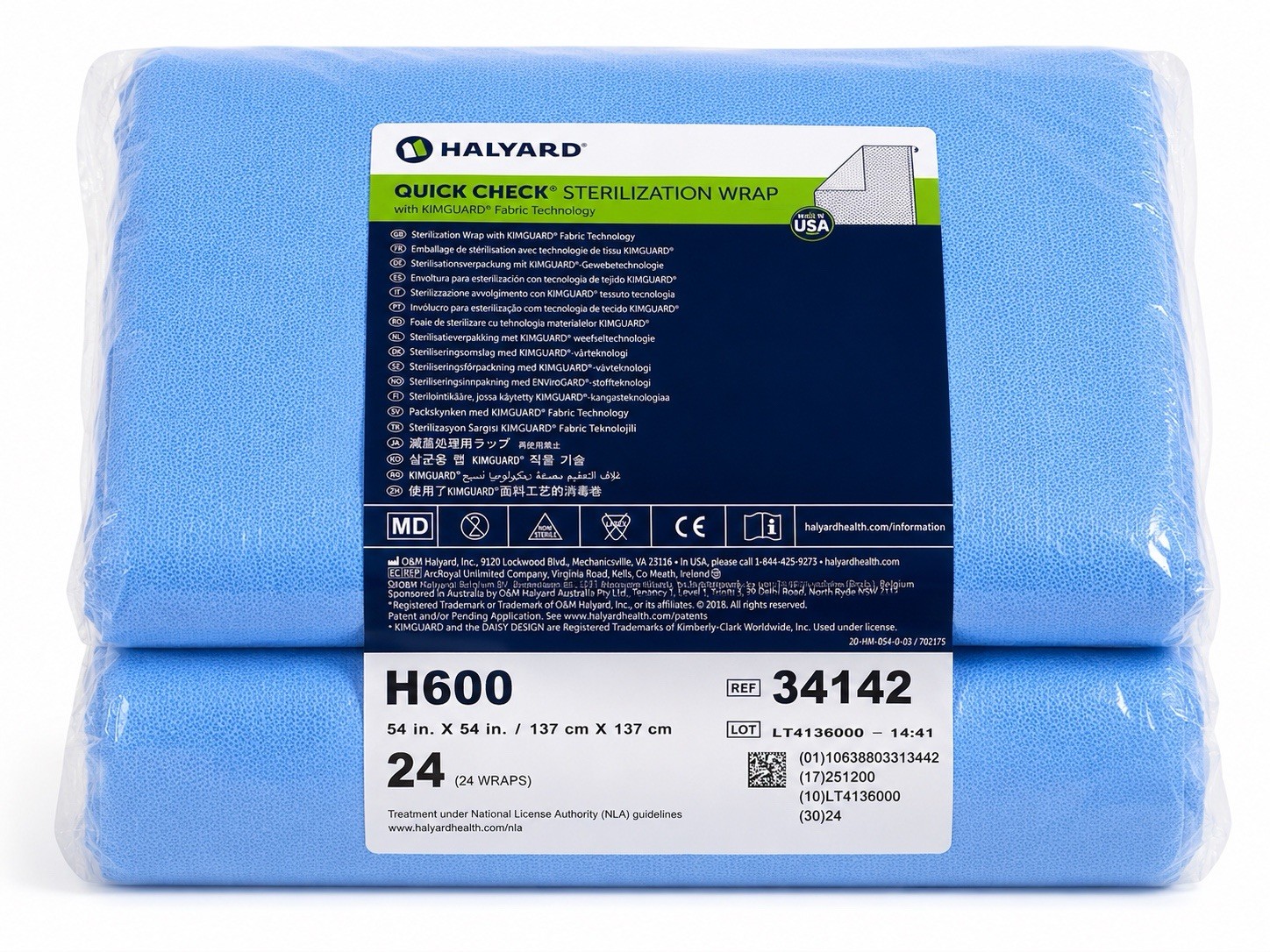 Halyard Quick Check Sterilization Wrap H600 54” x 54” Blue Case of 48 REF 34142