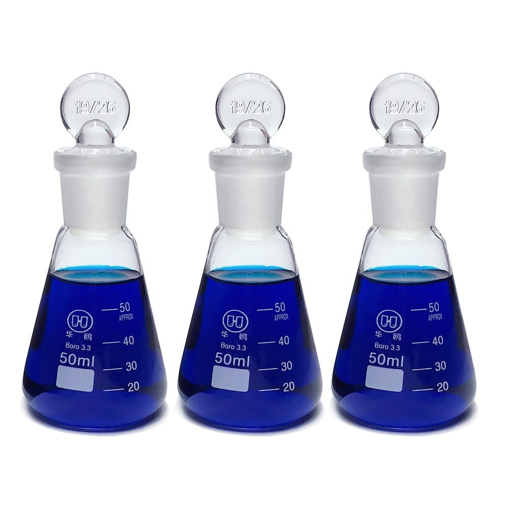 50ml Narrow Mouth Glass Erlenmeyer Flask with Ground Glass Stopper, 3.3 Boros…