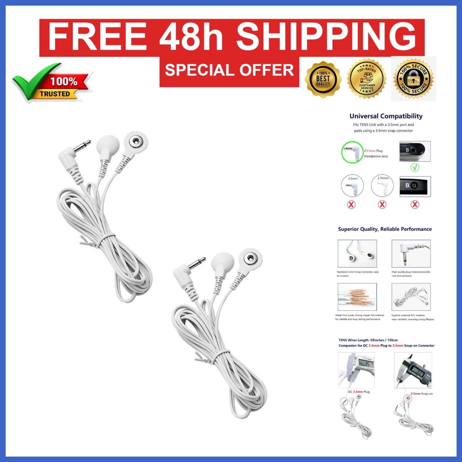VOVOU TENS Lead Wires 3.5mm Plug for TENS EMS Massager 2 Packs