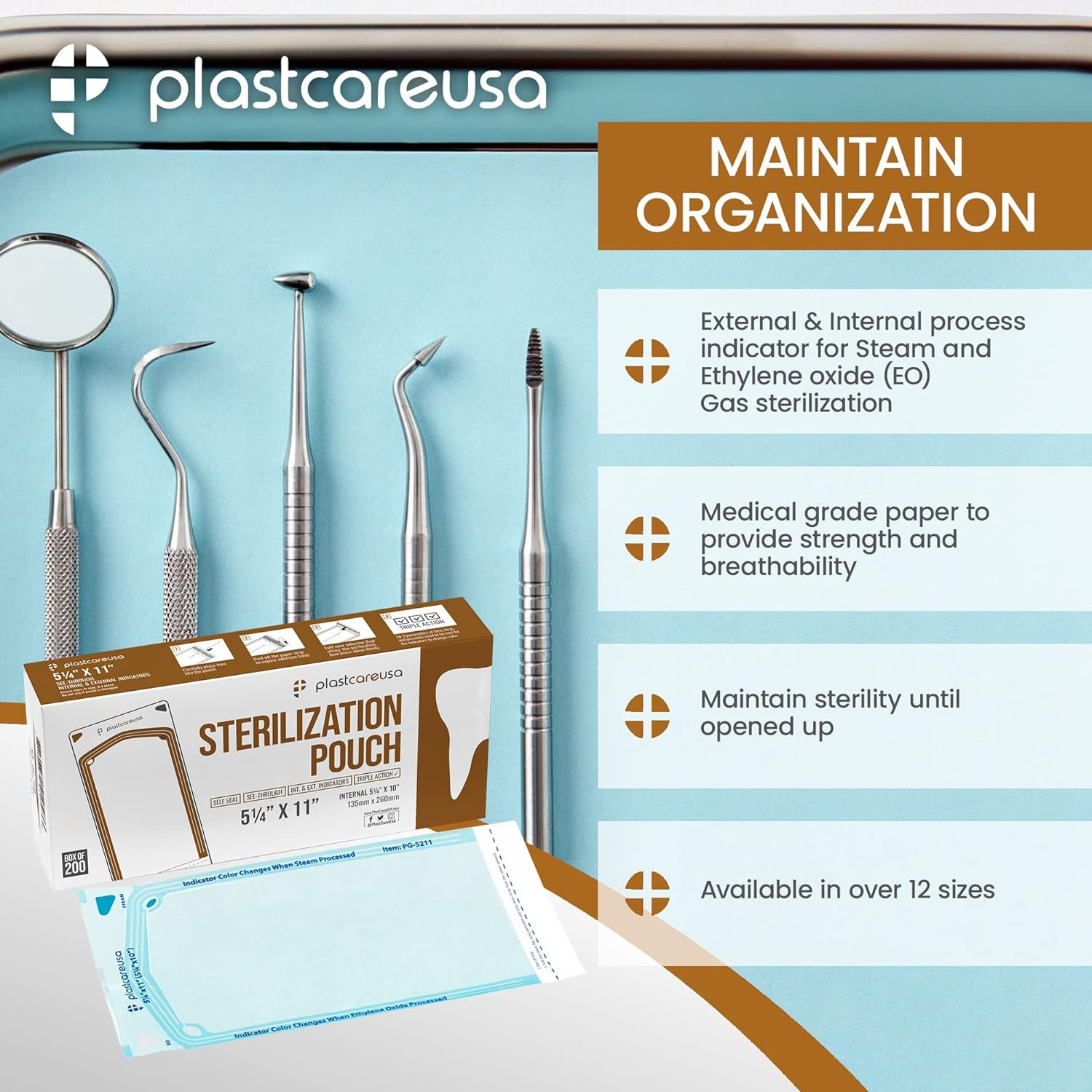 200 5.25 X 10 Self-Sterilization Pouches for Cleaning Tools, Autoclave Sterilize
