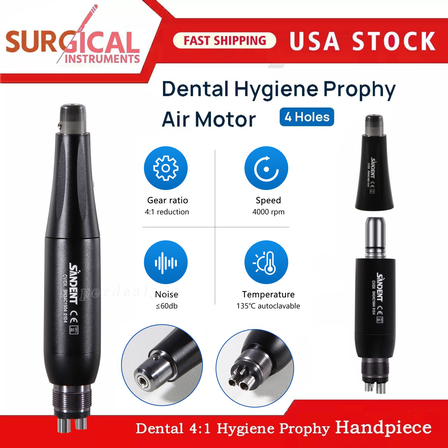 360° Swivel Dental Hygiene Prophy Handpiece Air Motor 4Holes 4:1 Nose Cone 135°C