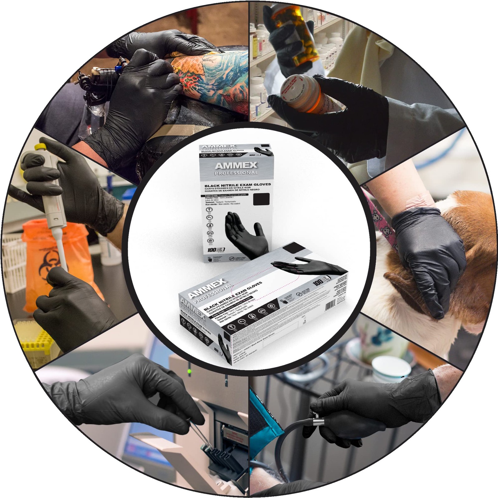 AMMEX Black Nitrile Exam Gloves, Case of 1000, 3 Mil, Size Medium, Latex Free,