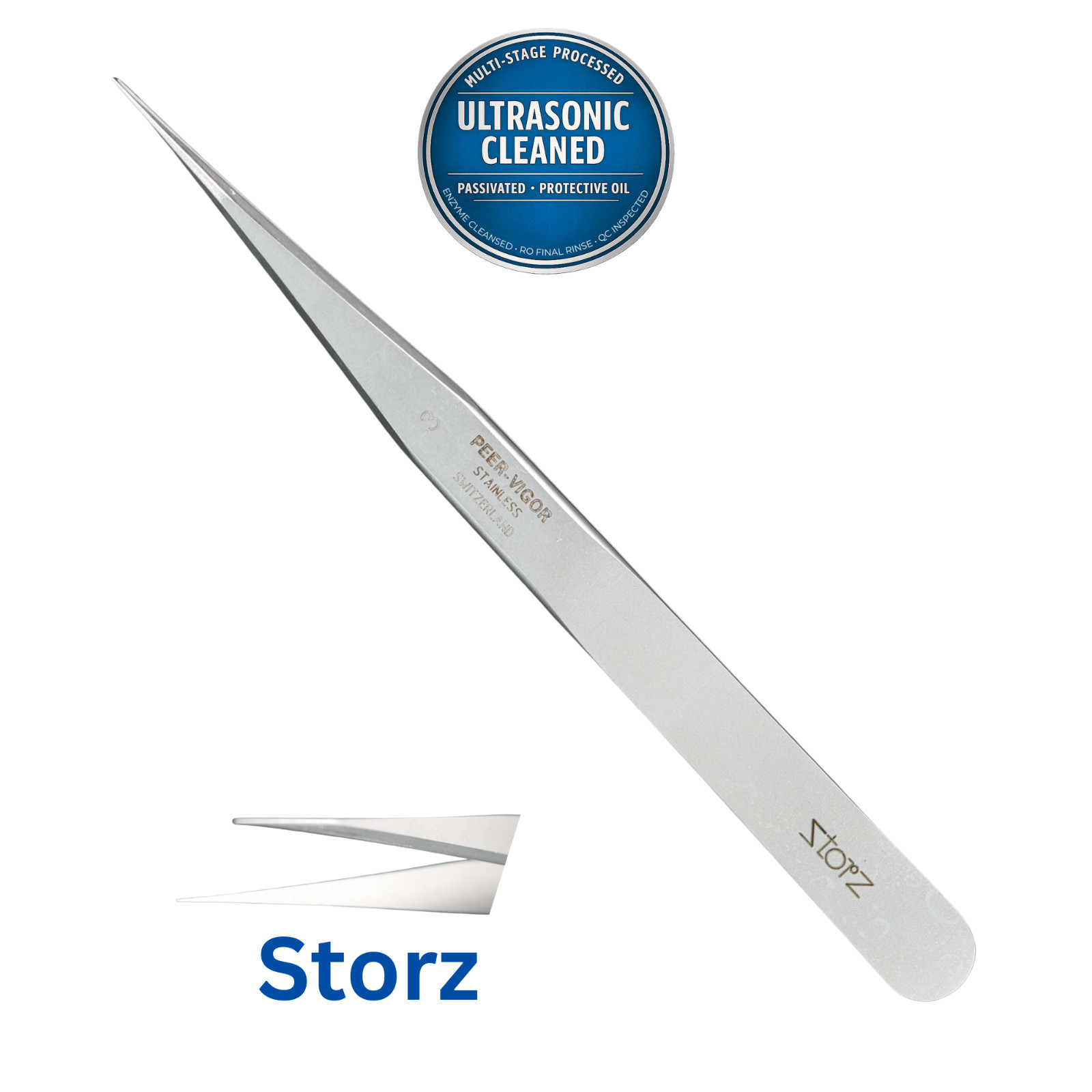 Storz E1947 Jeweler Type Forceps, Extra Fine, Straight w/ Pointed Tips, 110mm