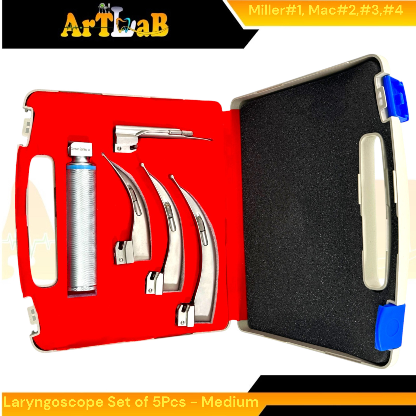 EMT Laryngoscope Kit with Mac Blades #2, #3, #4 + Miller Blade #1, Med Handle