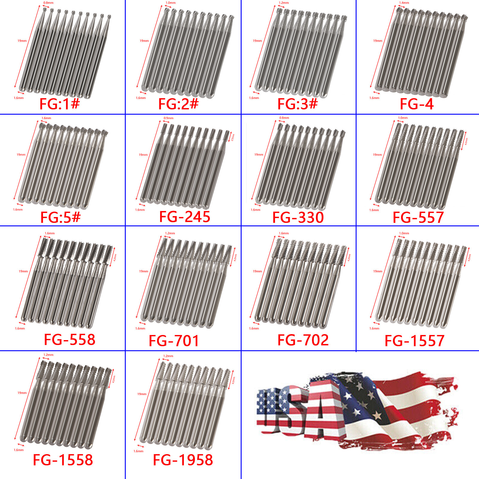 10-100*USA Dental Tungsten Carbide Steel Burs Drills for High Speed Handpiece de