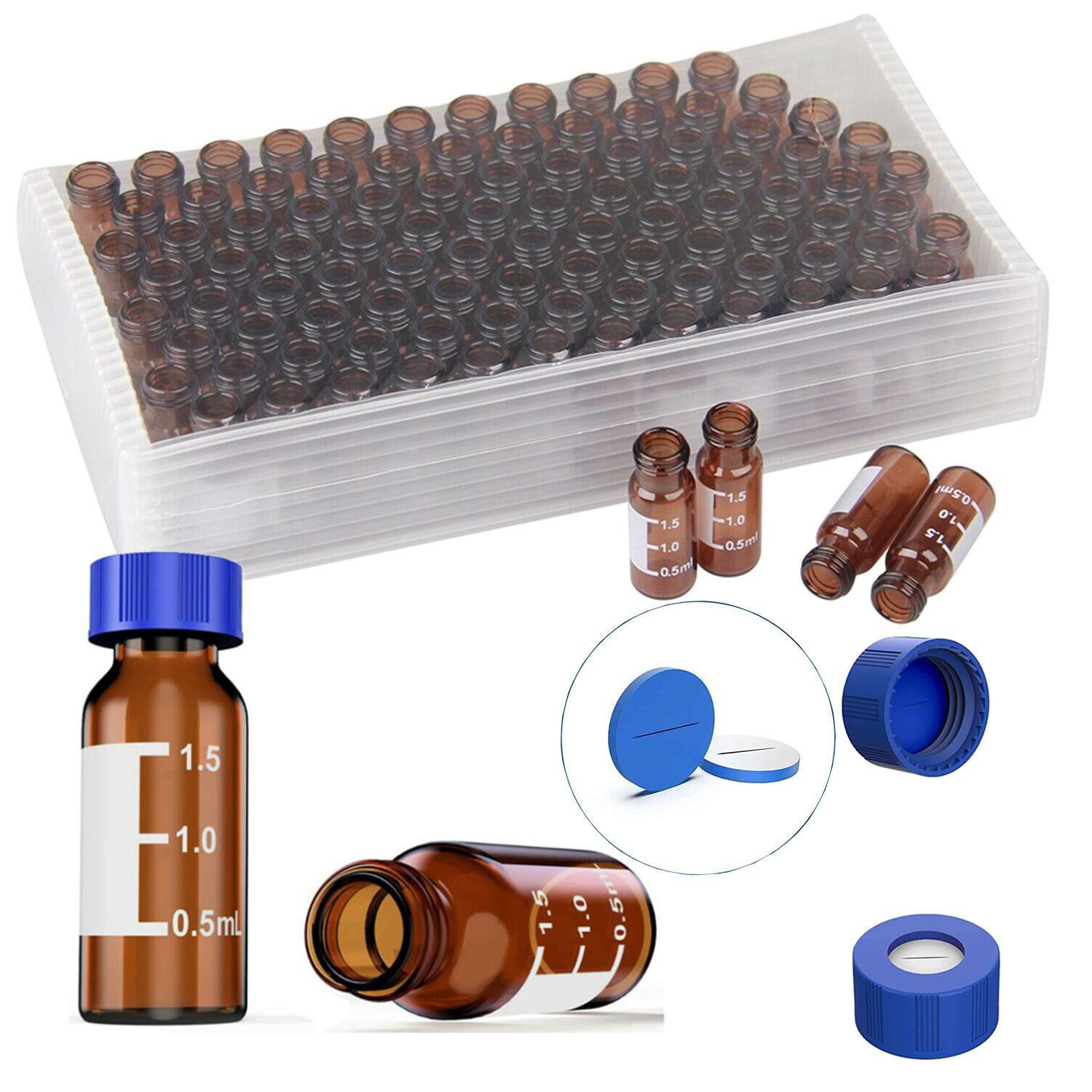 100Pcs 2ml 9-425 Small Glass HPLC Vials Bottles Amber Containers With Screw Caps