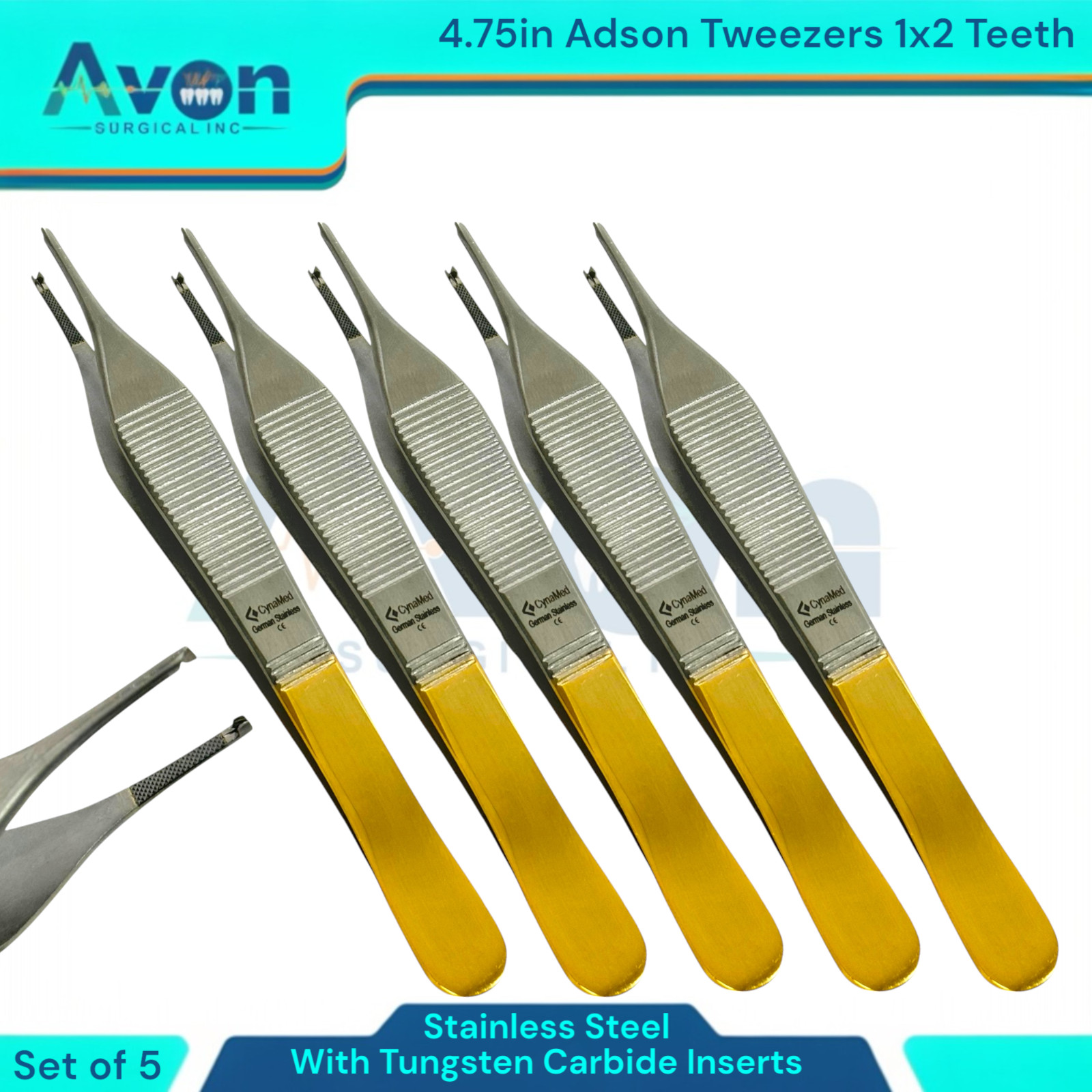 5pc – Adson Forceps with Tungsten Carbide Inserts, 1×2 Teeth, Straight, Premium