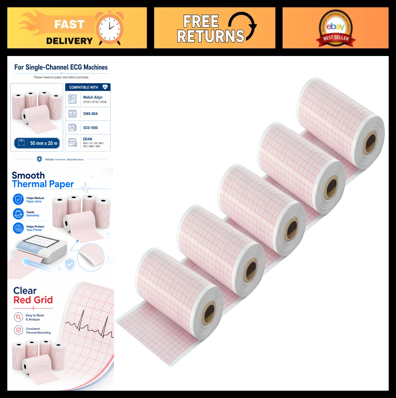 5 Rolls Thermal EKG ECG Paper 50mm x 20m for Home ECG Machine – Chart Sheets