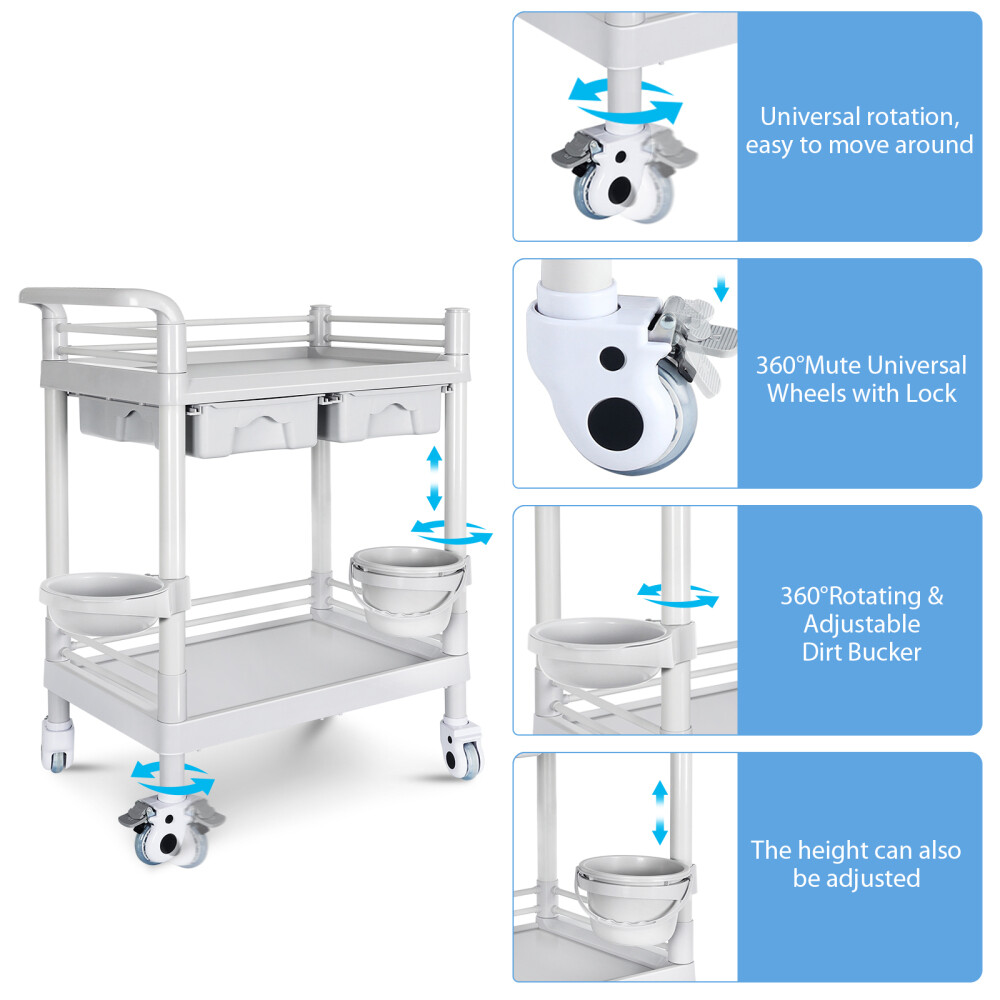 Medical Mobile Trolley Cart 2-Shelf 330 LBS Max Load Beauty Rolling Utility Cart