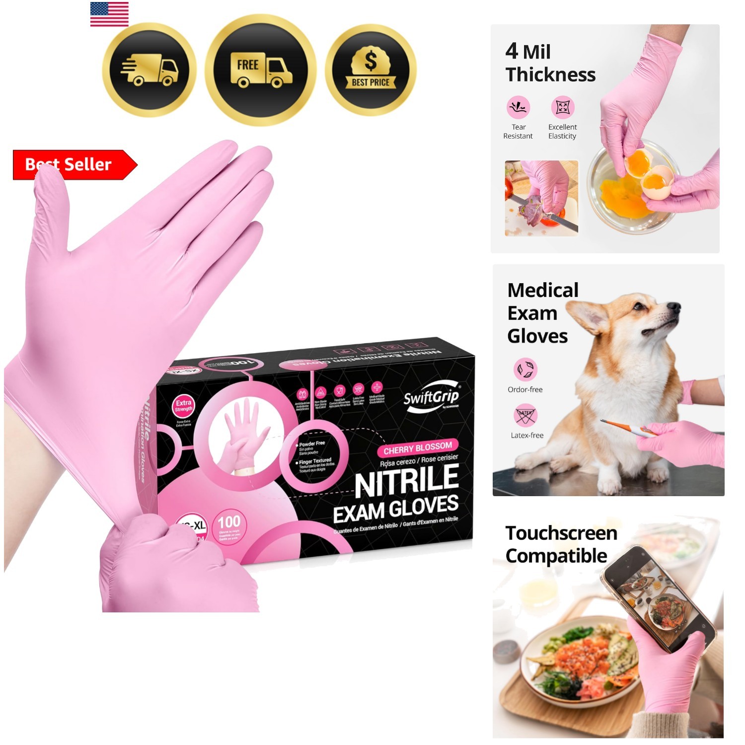 Nitrile Exam Gloves, 4 Mil, Cherry Blossom, Food Safe Gloves Disposable Latex…