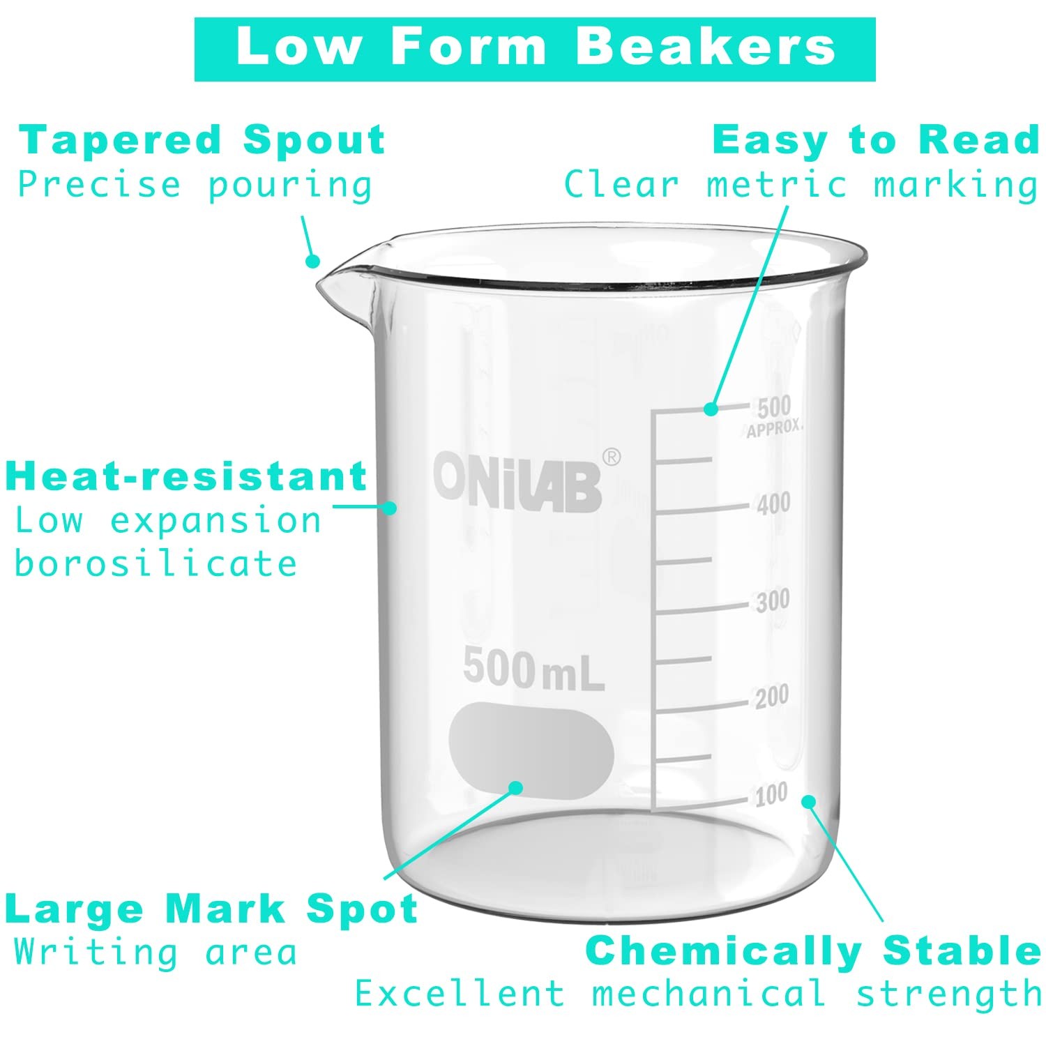 ONiLAB Glass Measuring Beaker Set 50ml 100ml 250ml 500ml 1000ml(Pack of 5) 3.3 B
