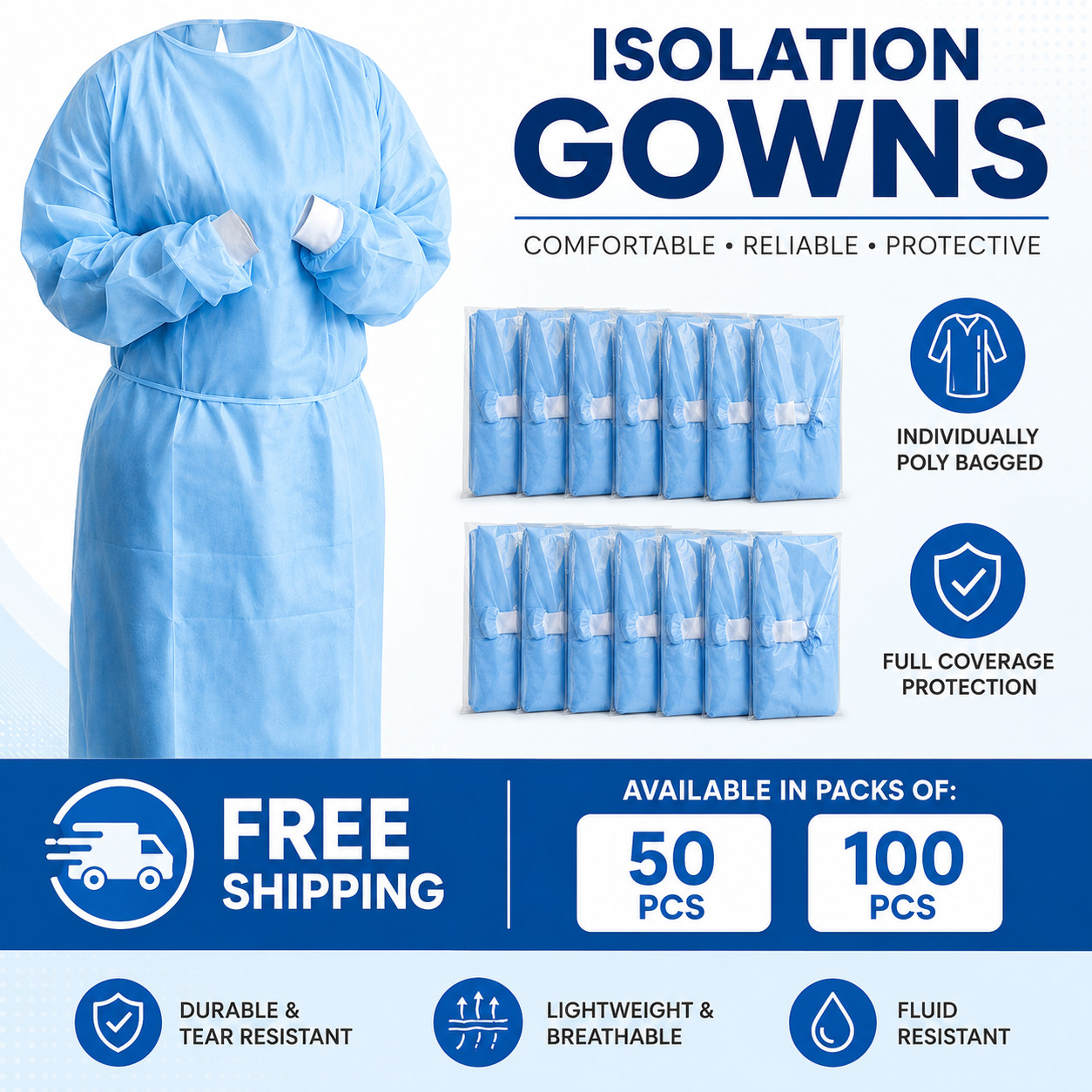 Isolation Gowns Disposable AAMI Level 3 Blue SMS Medical Size XXL New 50/100 PCS