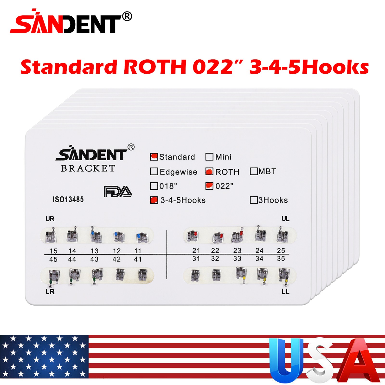 10 kits Dental Orthodontic Brackets Metal Braces Standard Roth 022 Hooks 3-4-5