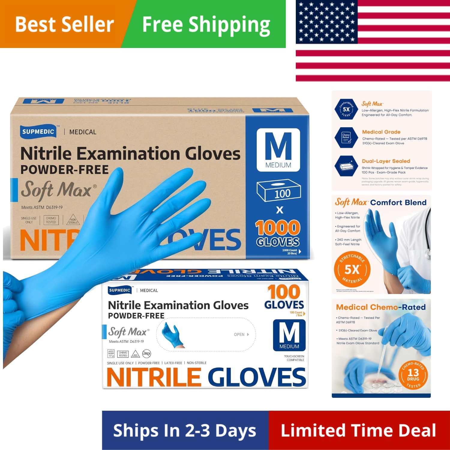 Medical Soft Max Nitrile Exam Gloves, 1000 Pcs Latex-Free Powder-Free Food Sa…