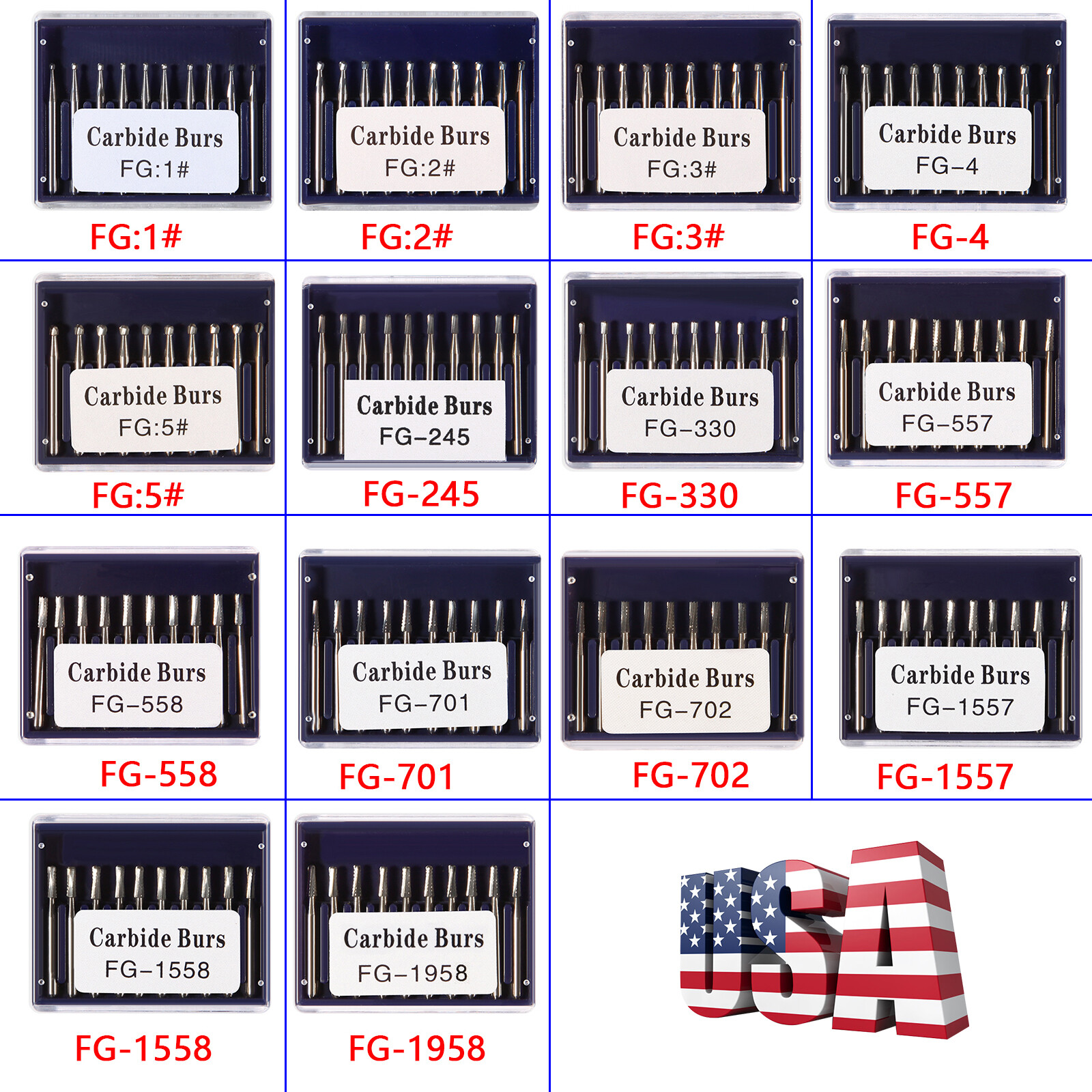 10-100*USA Dental Tungsten Carbide Steel Burs Drills for High Speed Handpiece de