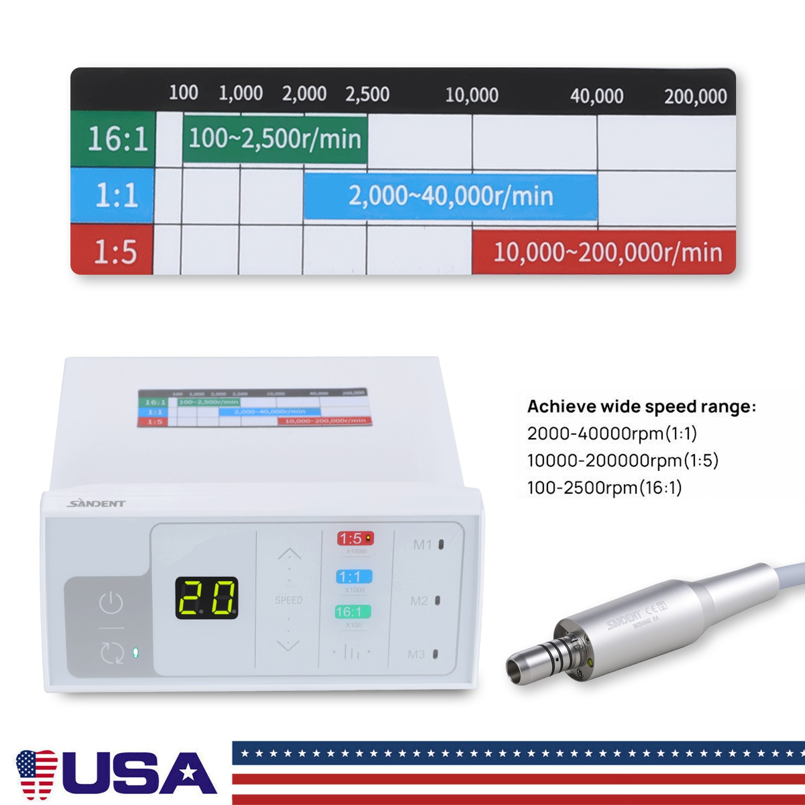 Dental Electric LED Brushless Micro Motor/ 1:5 Increasing Handpiece ABDENT ds