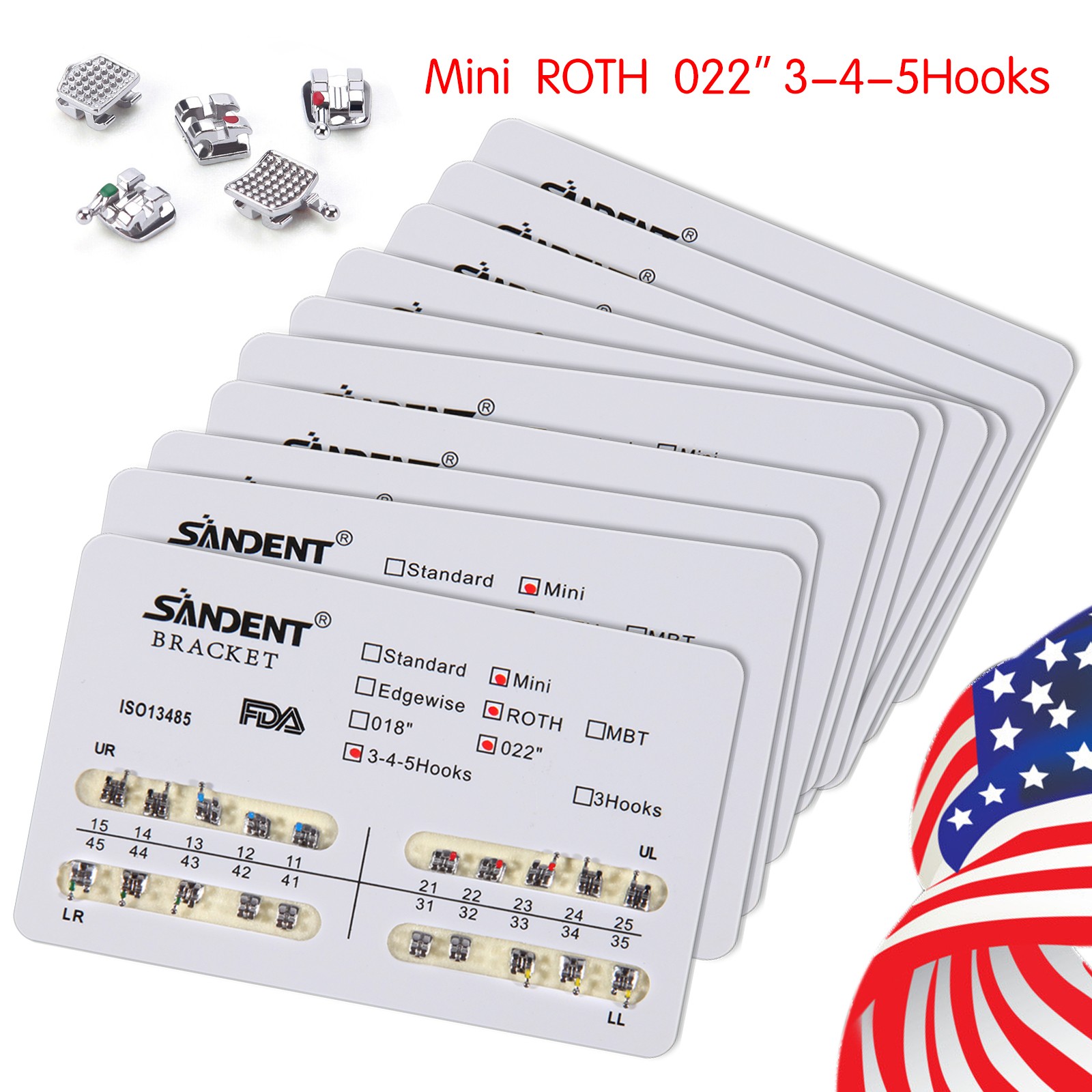 10 packs Dental Orthodontics Metal Bracket Braces Mini MBT 022″Slot Hooks 3-4-5