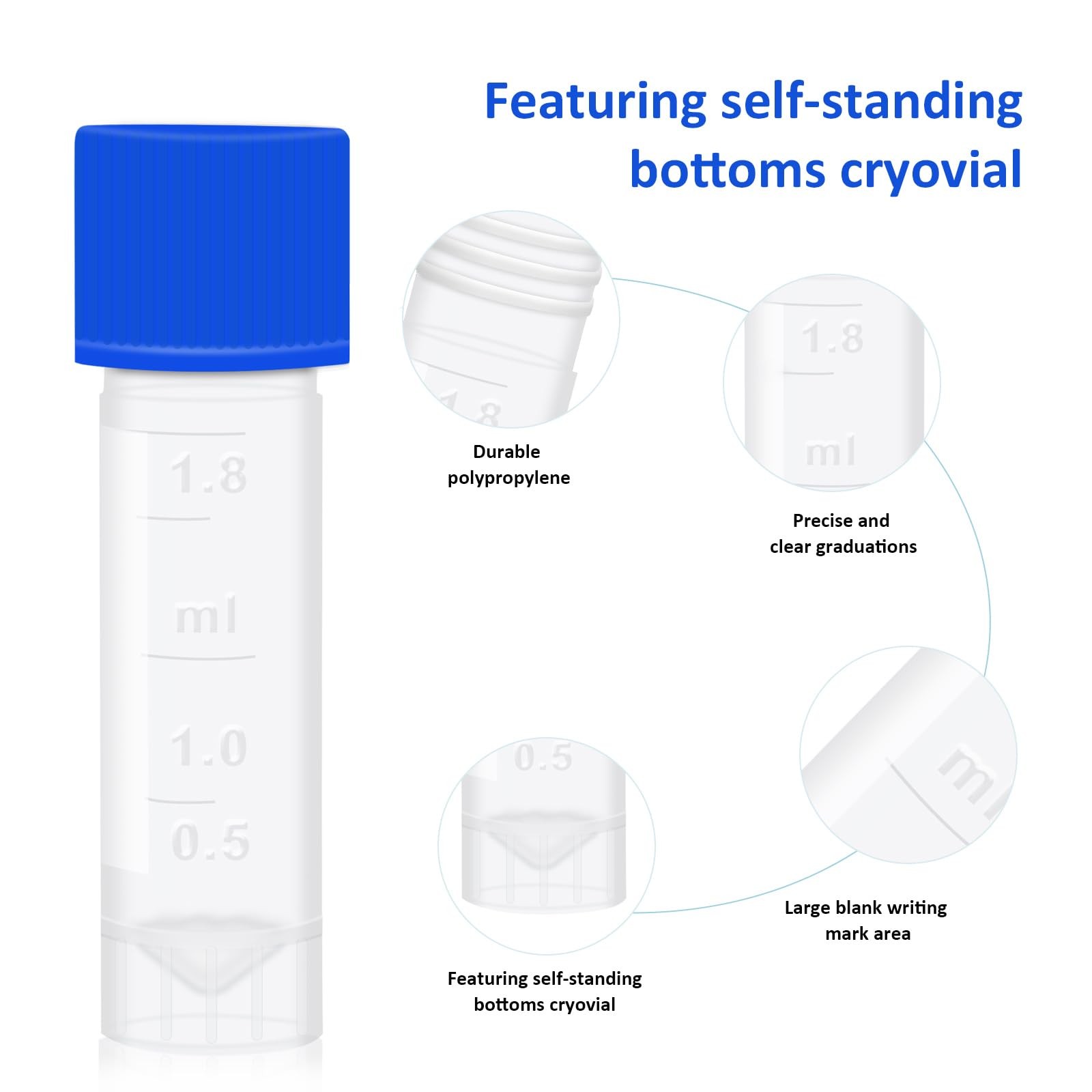 2ml Cryogenic Vials Plastic Sample Tubes Self Stand Cryovial Caps 100 PCS Box