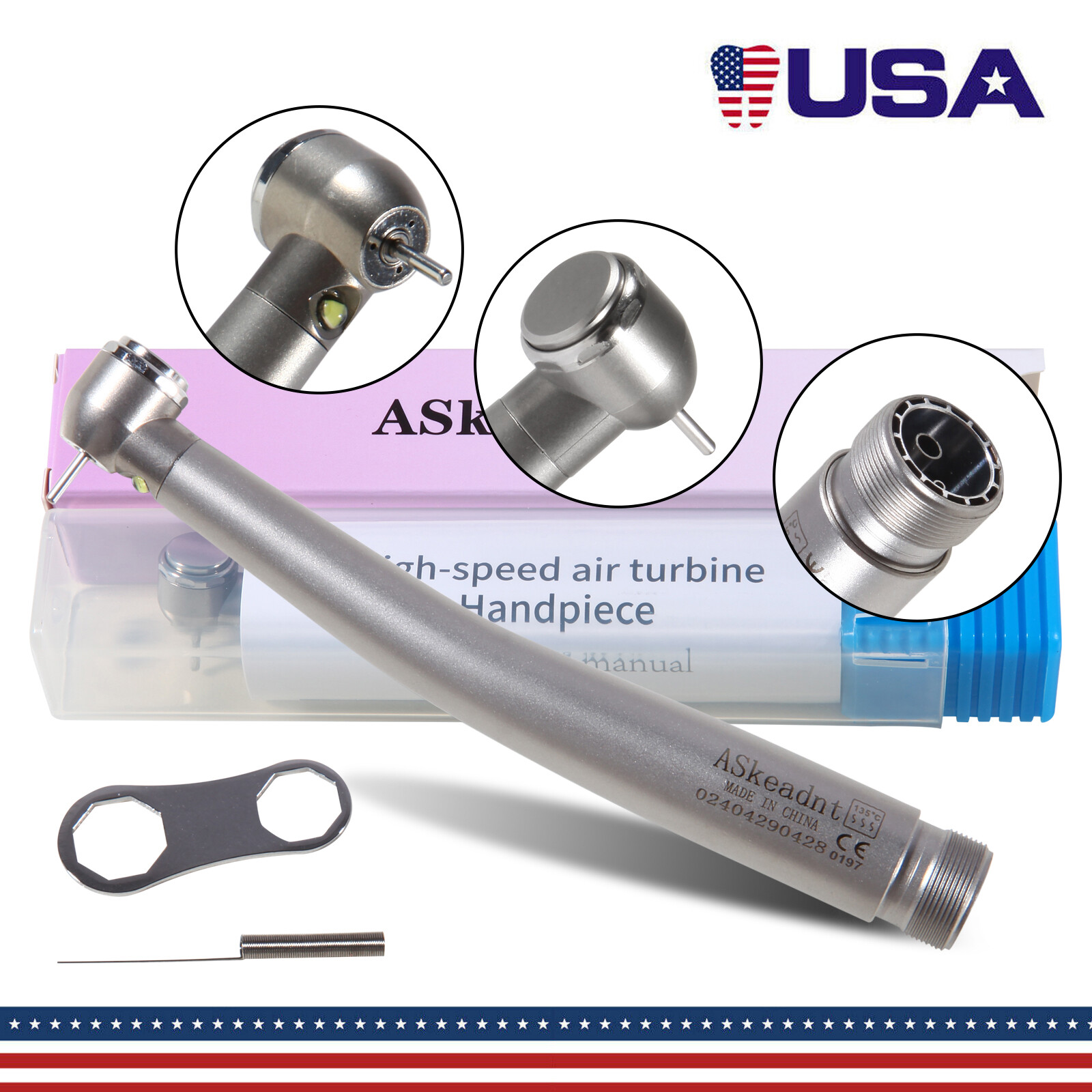 CE Dental Large Torque Push Button High Speed Fiber Optic LED Handpiece 2 HOLE
