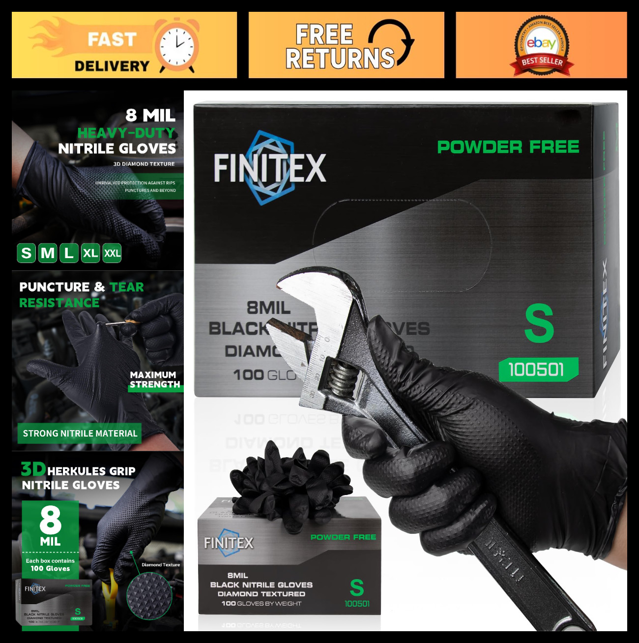 Industrial Nitrile Gloves – 100/1000PCS, 8mil, Chemical Resistant, Disposable, B