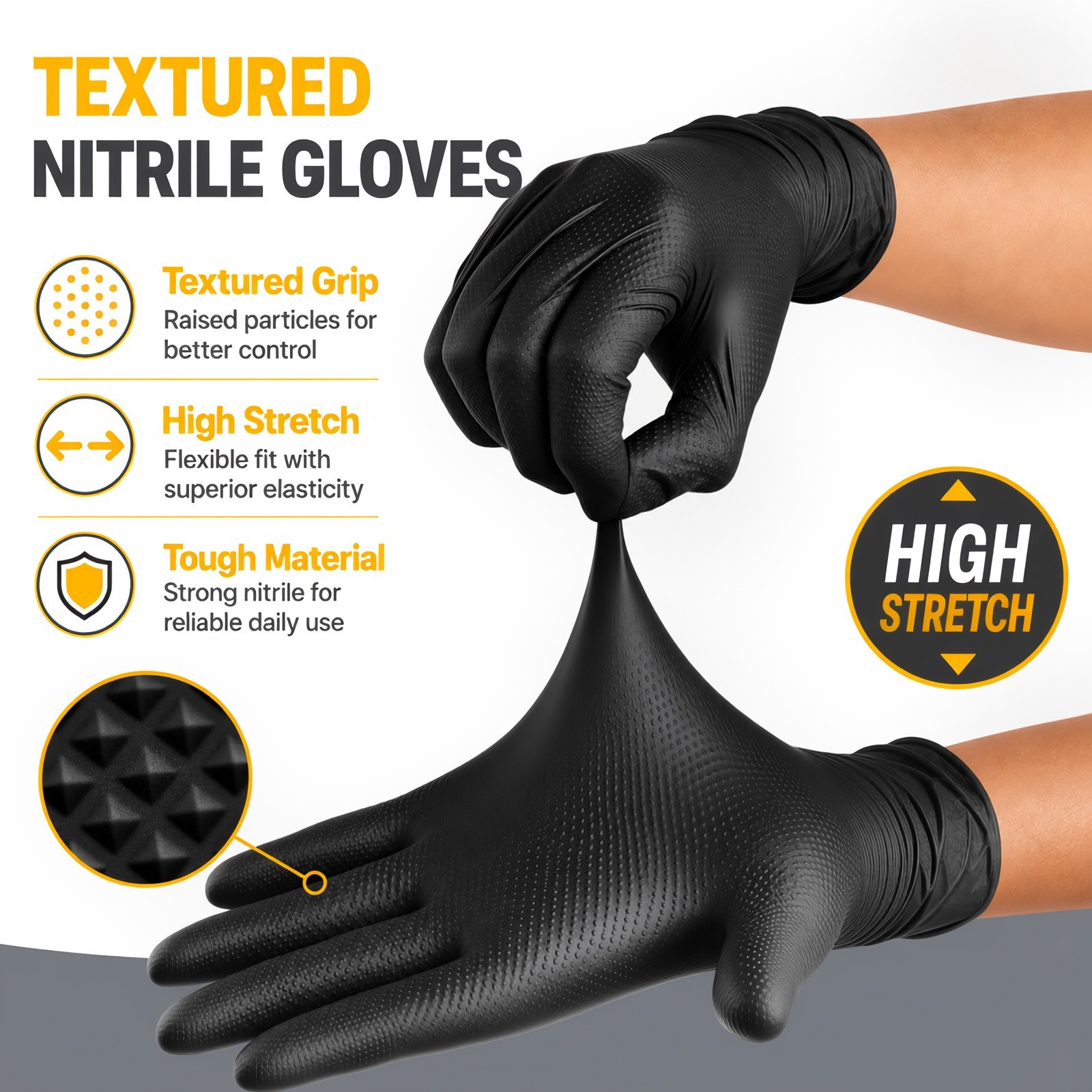 1000 Pcs Heavy Duty 8 Mil Nitrile Gloves, Diamond Grip, Black, Size M
