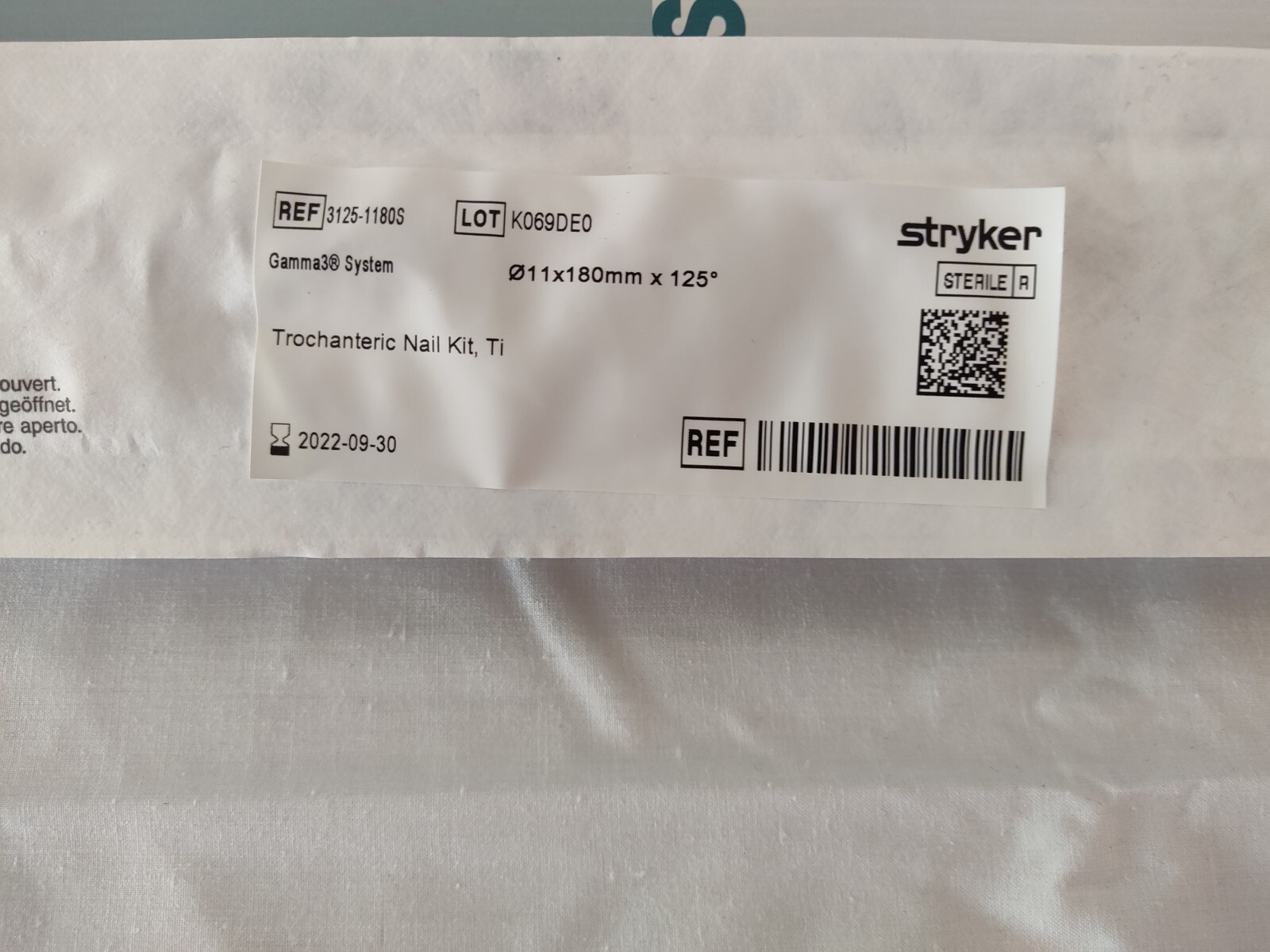 Stryker Trochanteric Nail Kit, Ti 3125-1180S Gamma 3 System