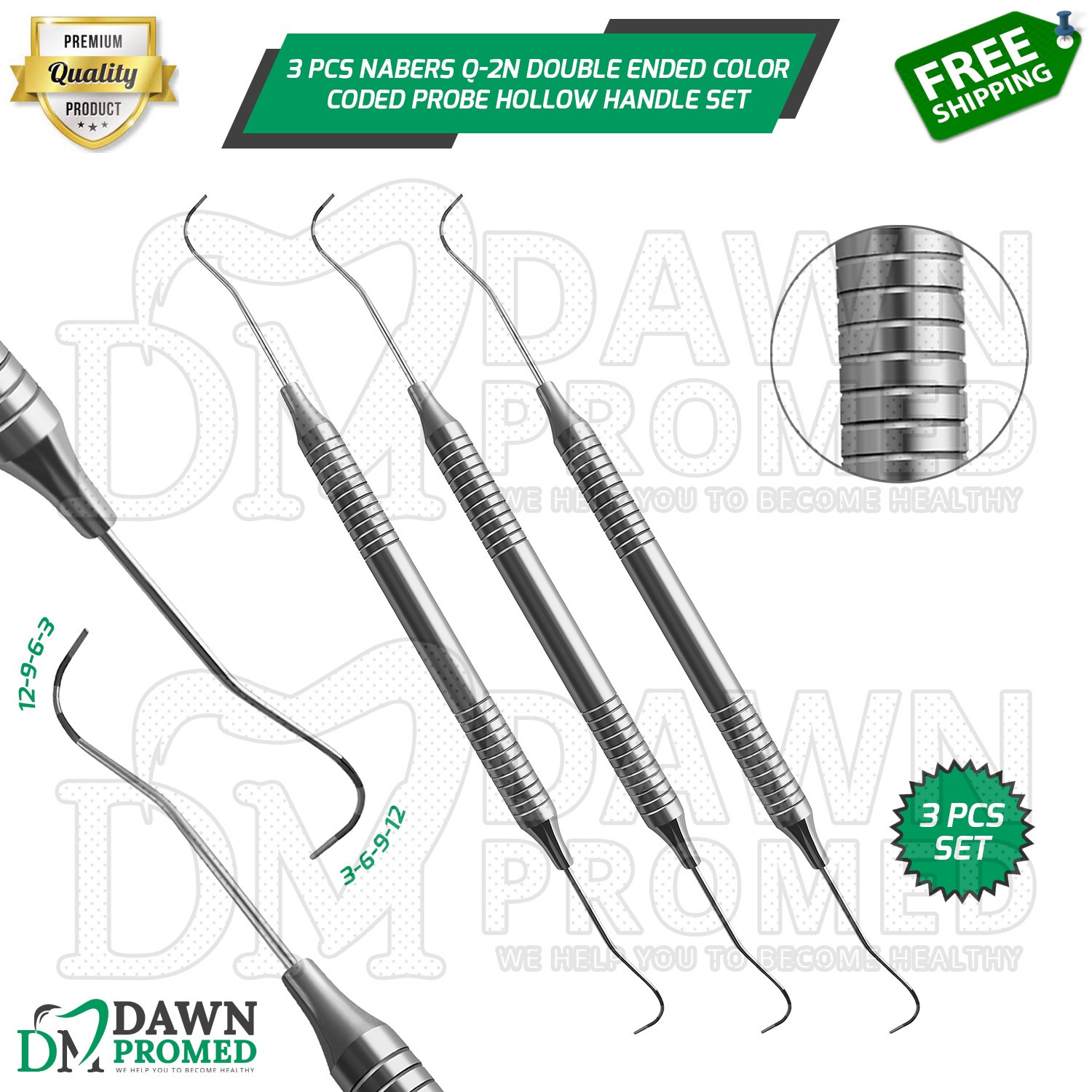 3 Pcs Dental Nabers Probe Q-2N Double Ended Color Coded Hollow Handle Set