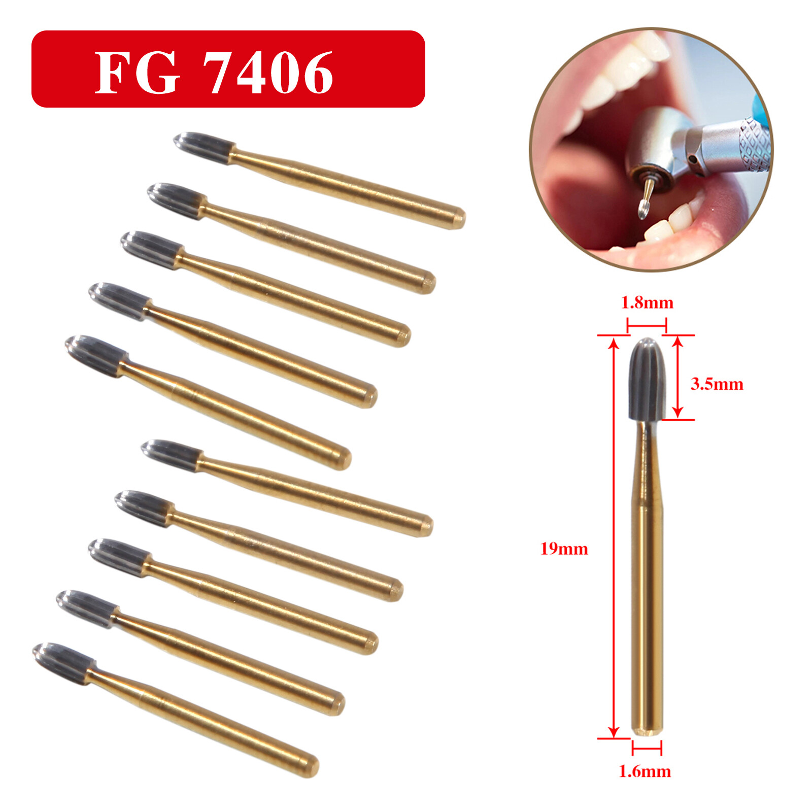 Dental FG 7406 Burs Tungsten Carbide Trimming & Finishing Egg Shape