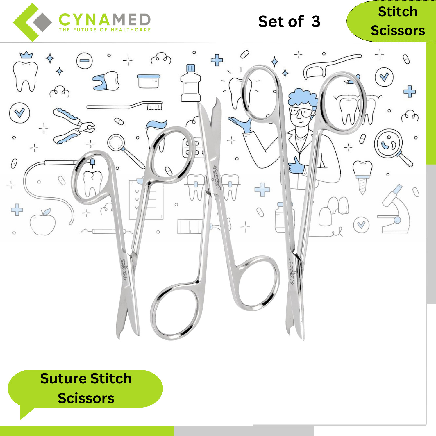 Suture Stitch Scissors 3.5in 4.5in 5.5in Premium Quality Stainless Steel 3 Piece