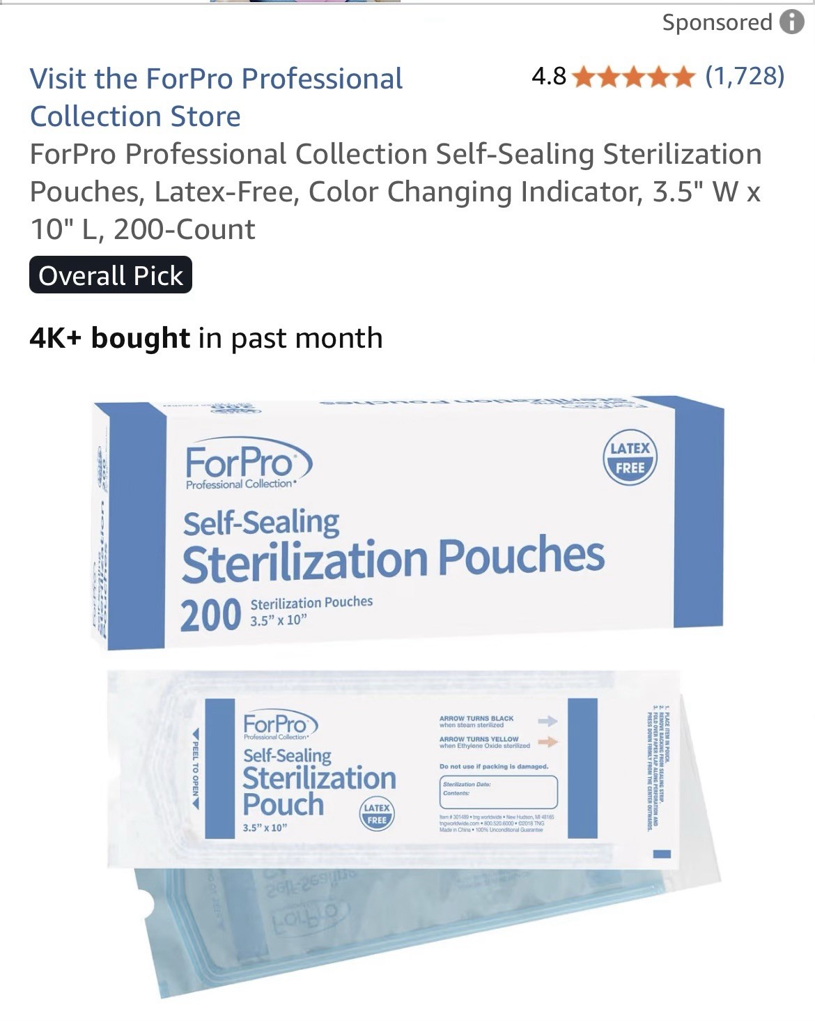 ForPro Self-Sealing Sterilization Pouches 3.5″ x 10″ Autoclave Bags (200-Count)