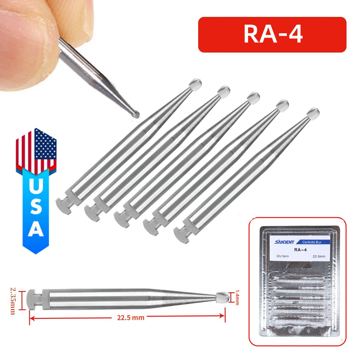SANDENT Dental Round Carbide Bur for Slow Speed Latch RA4 5pcs/pack