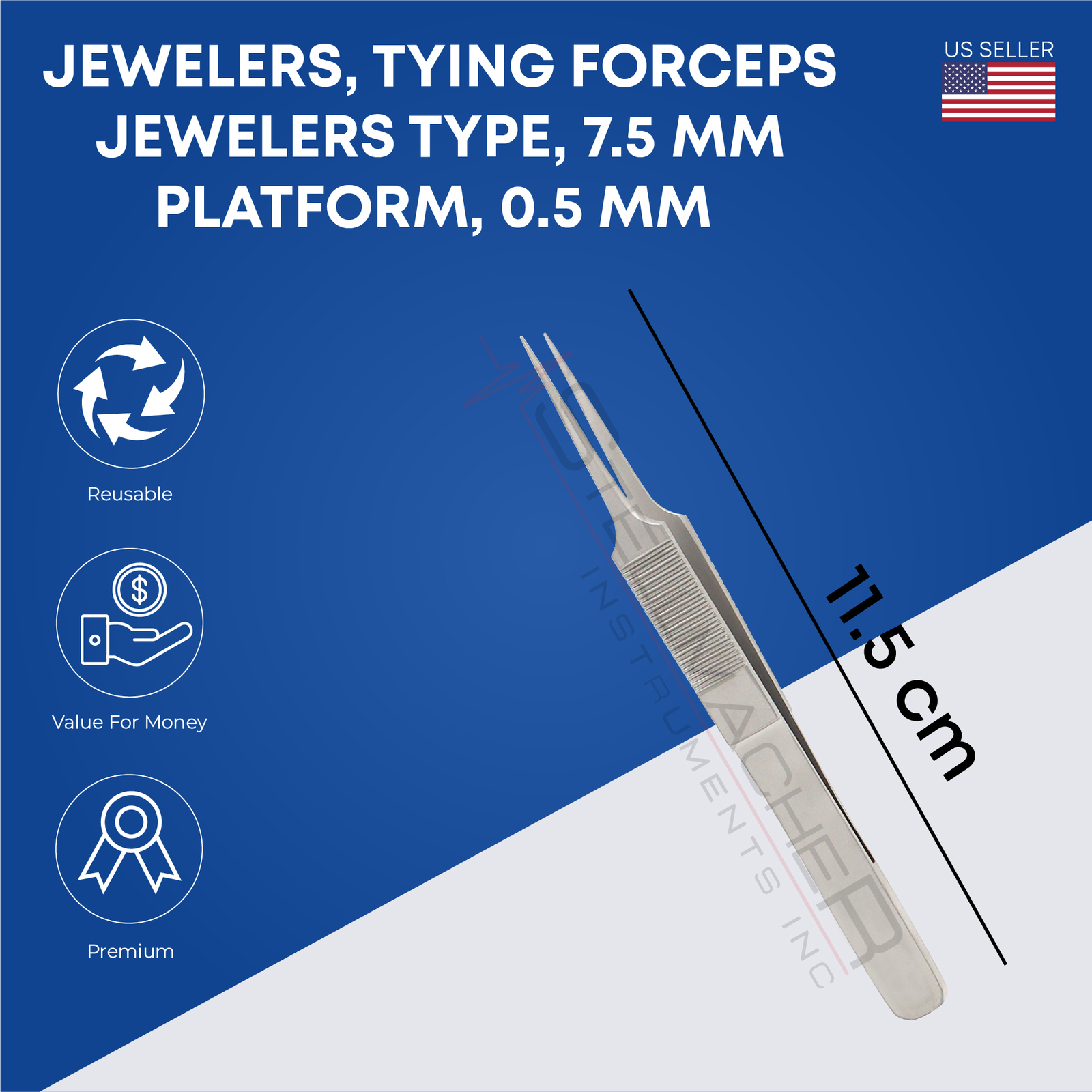 Jewelers, Tying Forceps, Jewelers Type, 7.5 mm platform, 0.5 mm, Overall Length