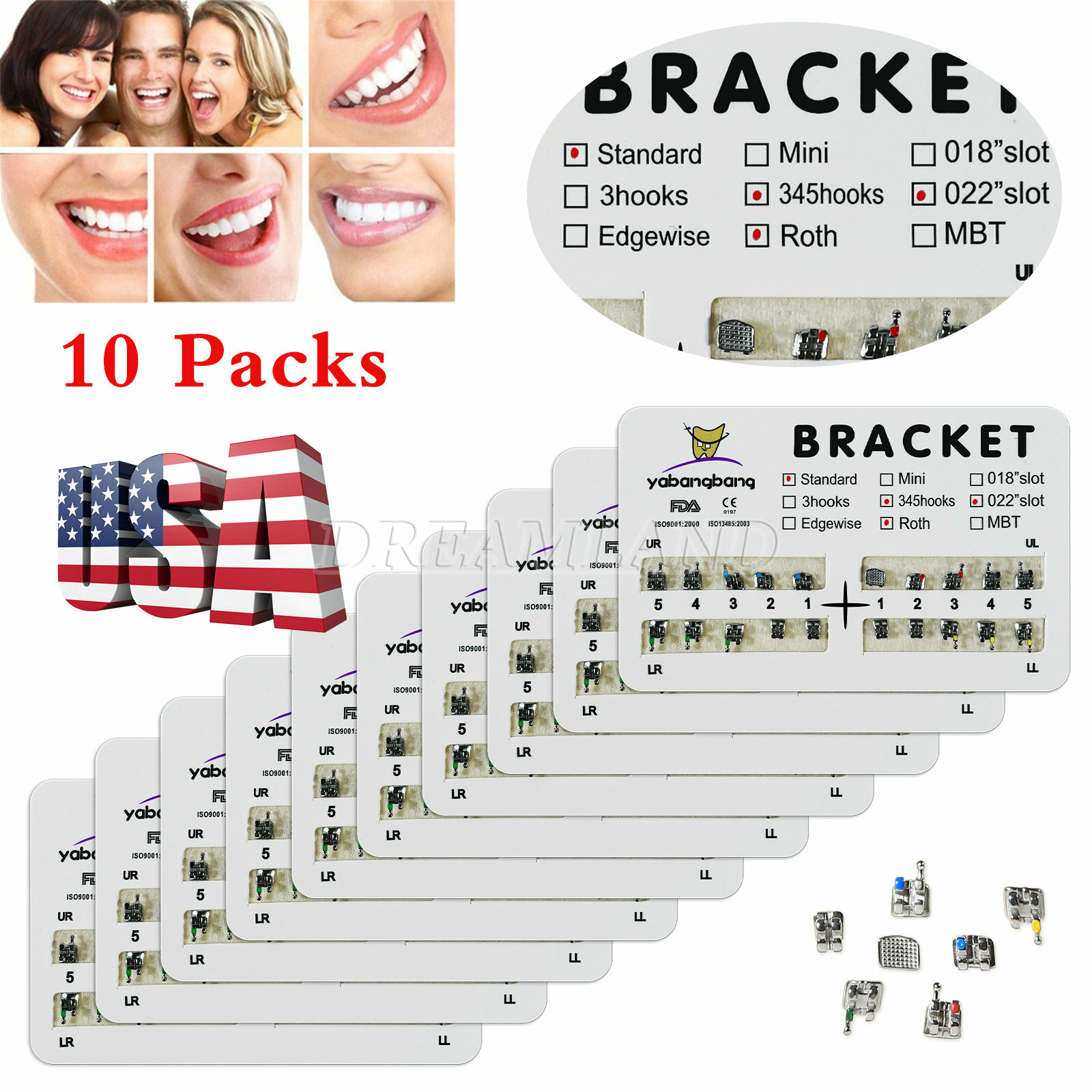 Yabangbang Dental Ortho Brackets Braces Mini/Standard MBT/Roth 022/018 Hooks 345